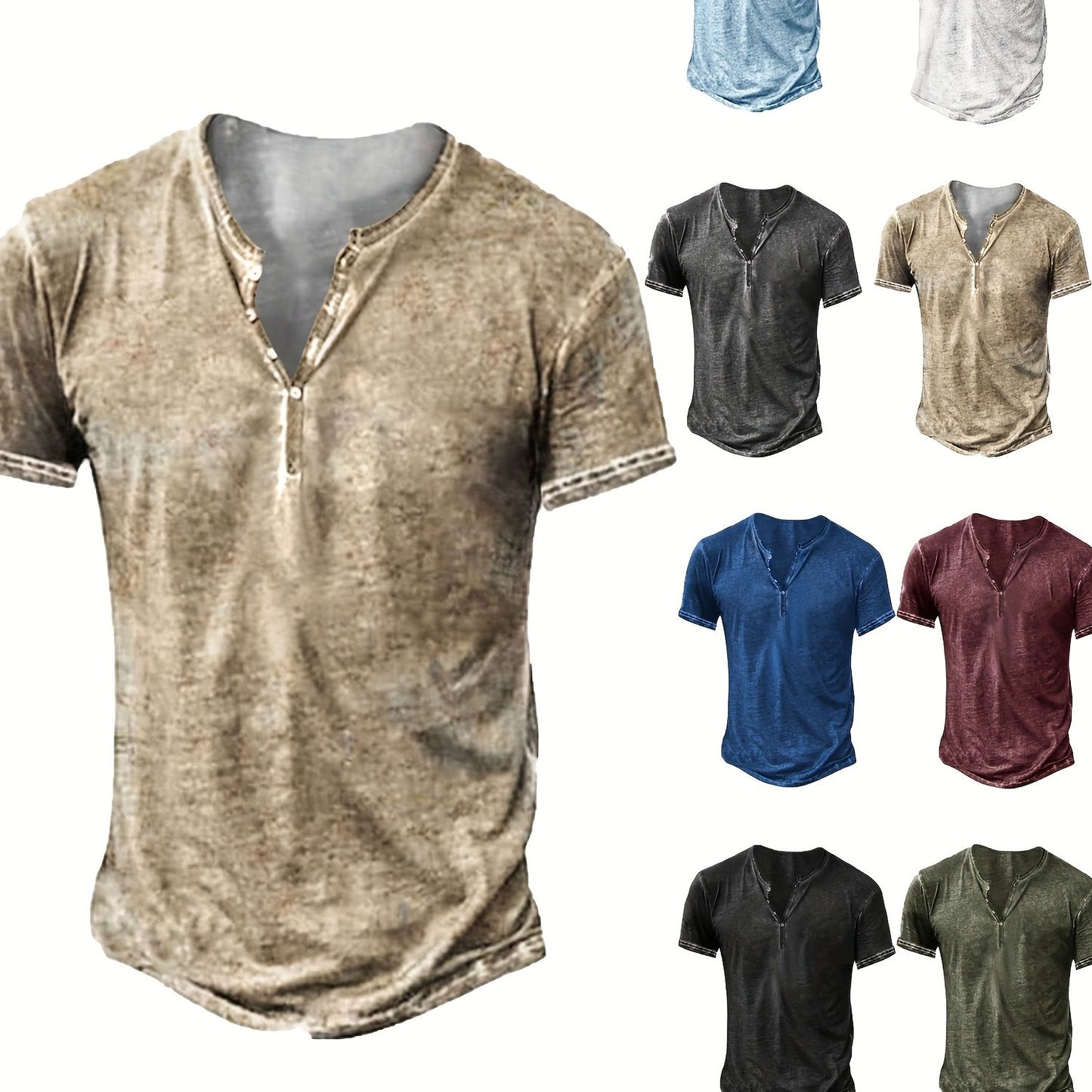 Mens Distressed Henley Shirt Short Sleeve Cotton Slim Fit