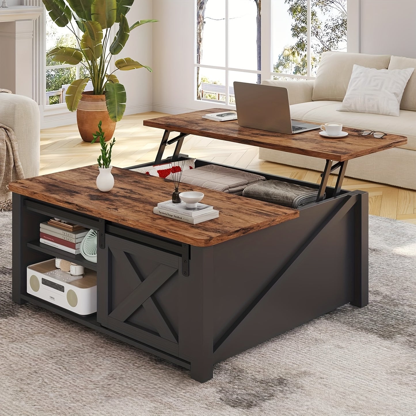 MSMASK Farmhouse Lift Top Coffee Table With Storage