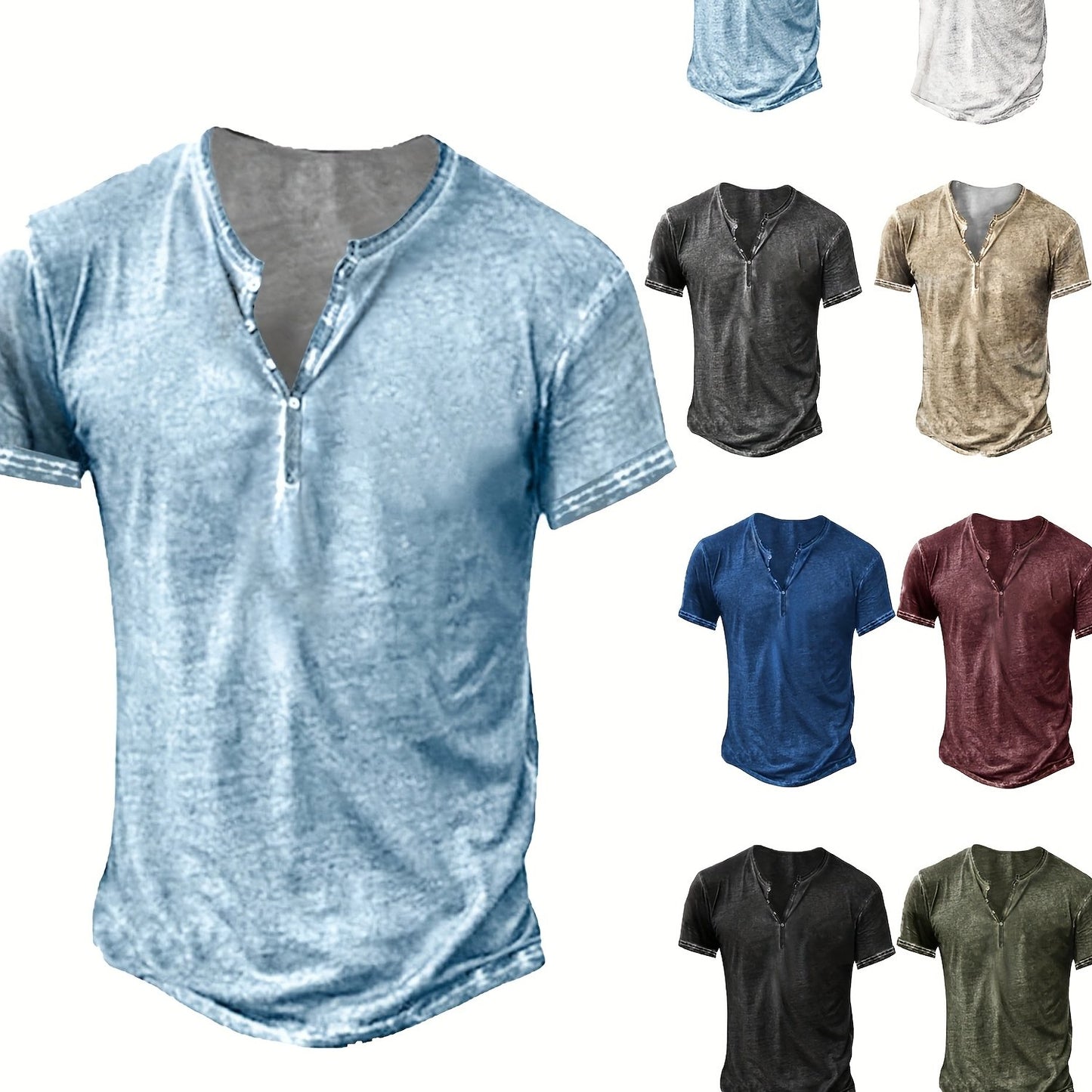 Mens Distressed Henley Shirt Short Sleeve Cotton Slim Fit