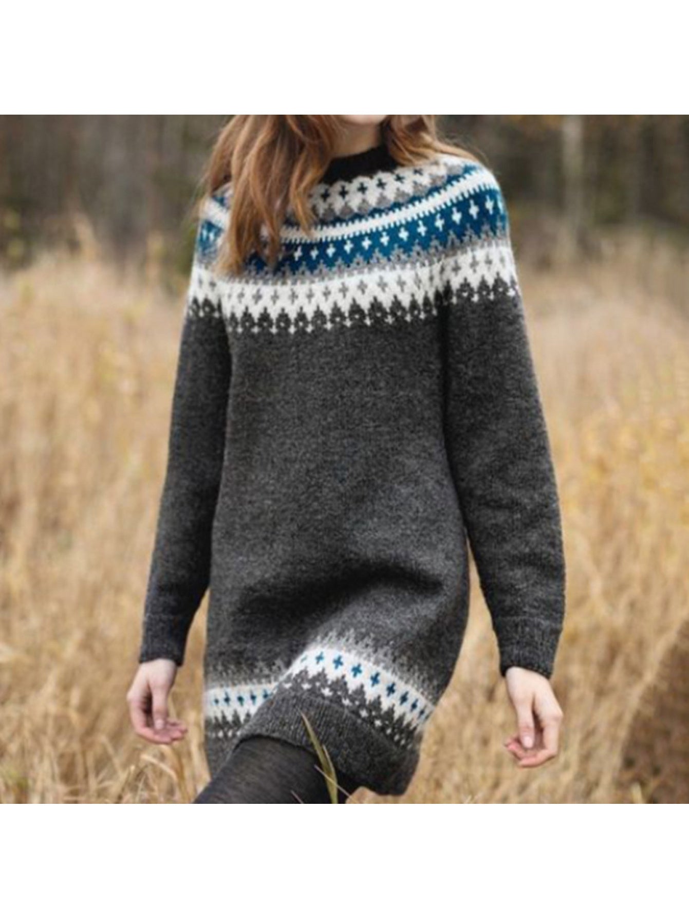 Geometric Jacquard Bodycon Midi Dress Long Sleeve Crew Neck