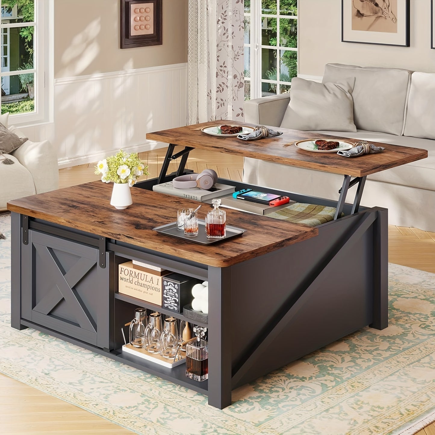 MSMASK Farmhouse Lift Top Coffee Table With Storage