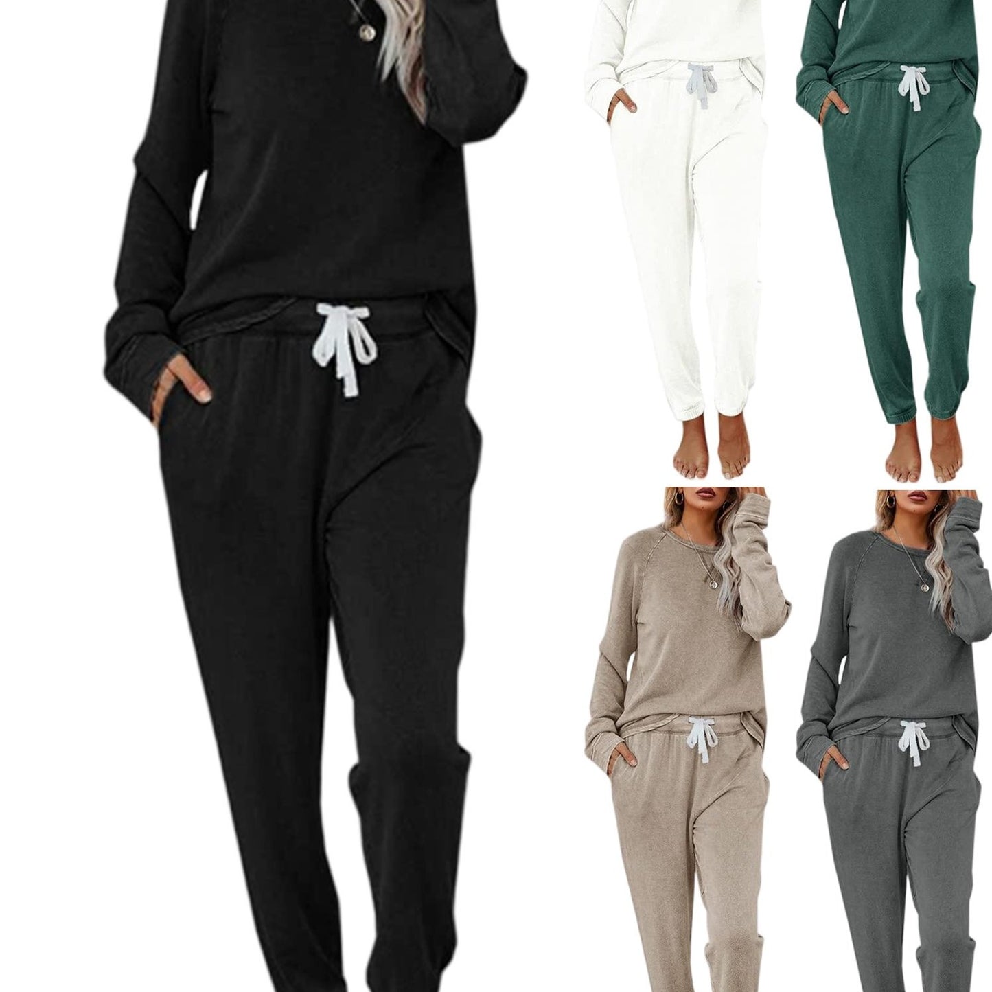 Women Solid Sweatsuit Set Crewneck Pullover Sweatpants