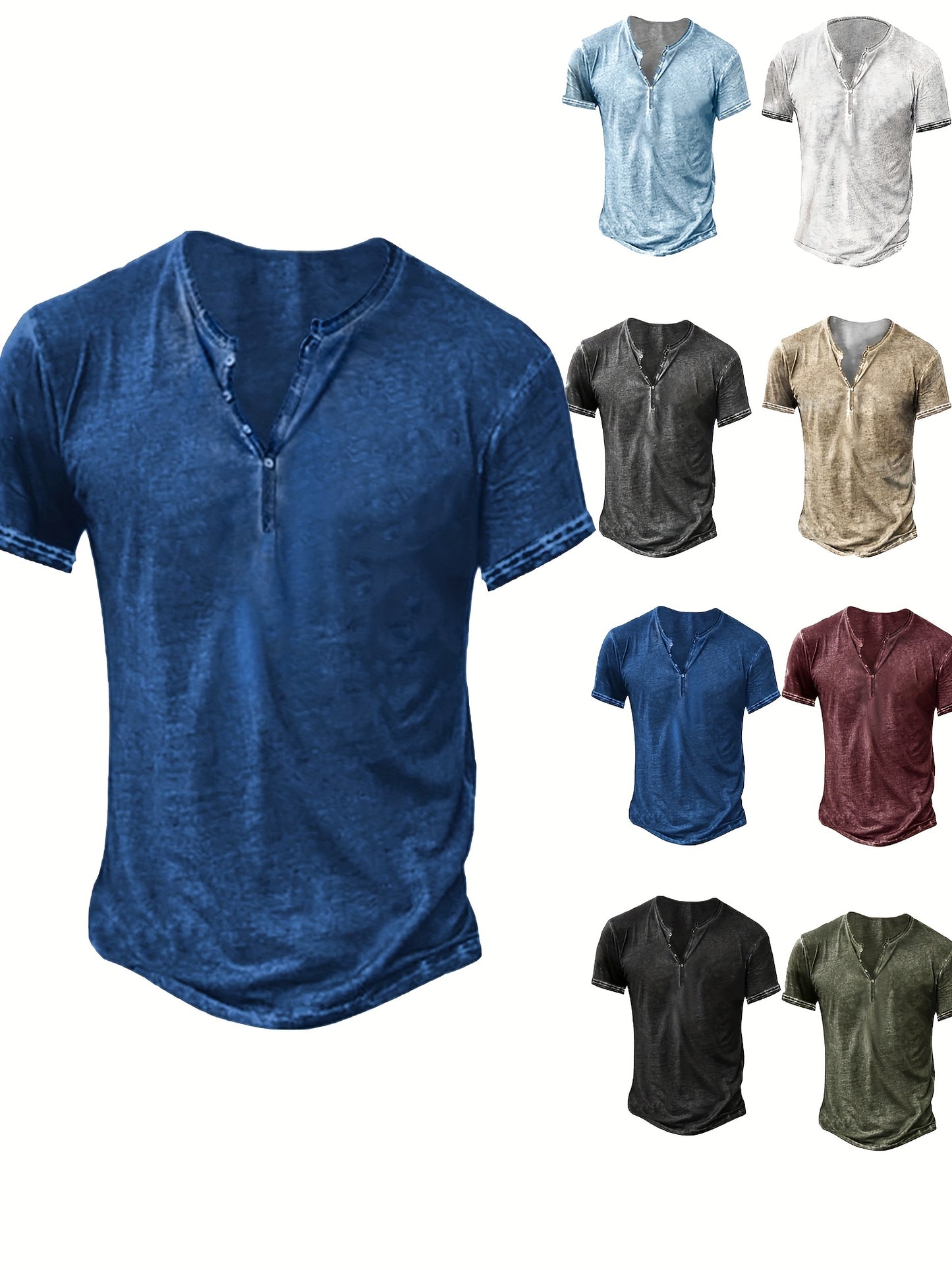 Mens Distressed Henley Shirt Short Sleeve Cotton Slim Fit
