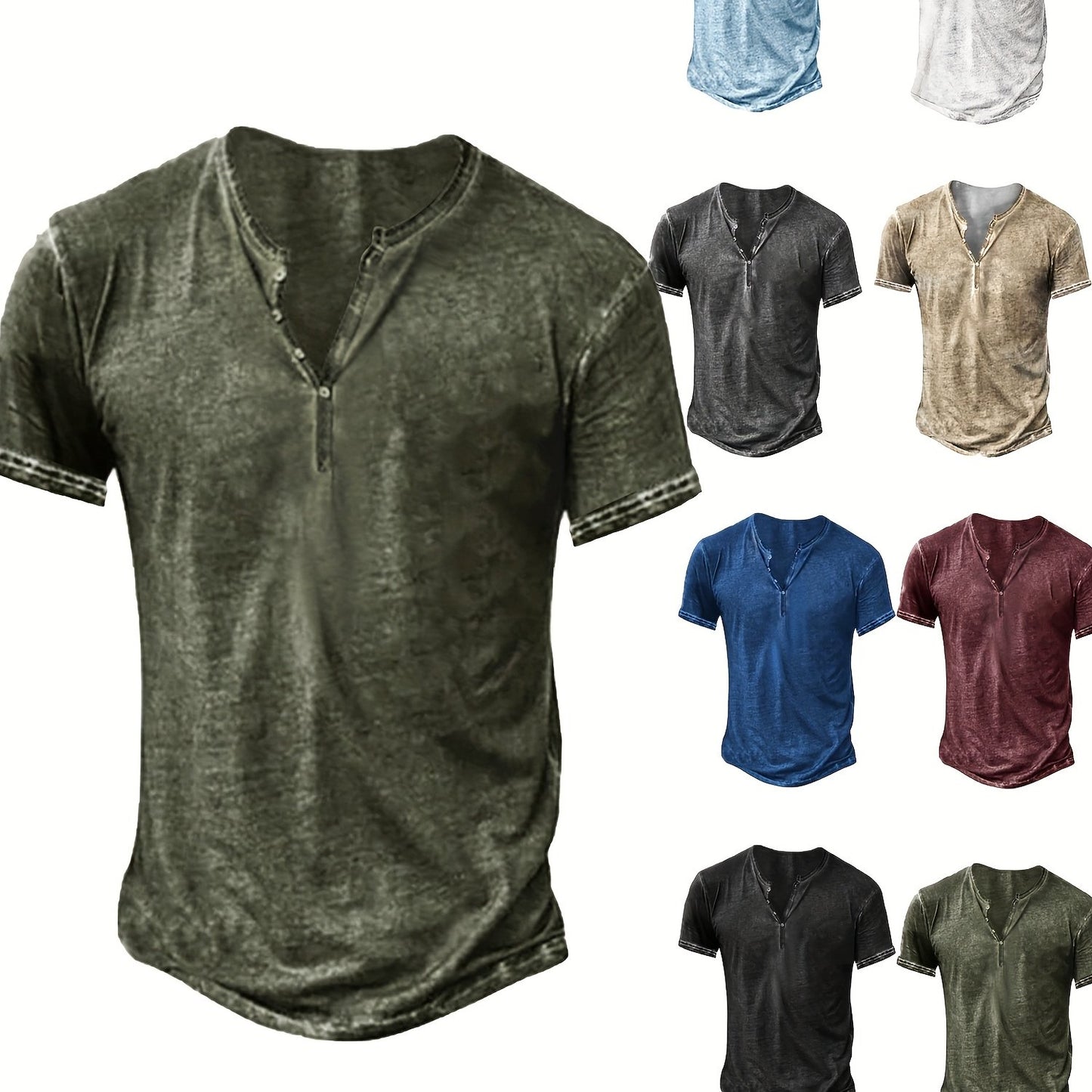Mens Distressed Henley Shirt Short Sleeve Cotton Slim Fit