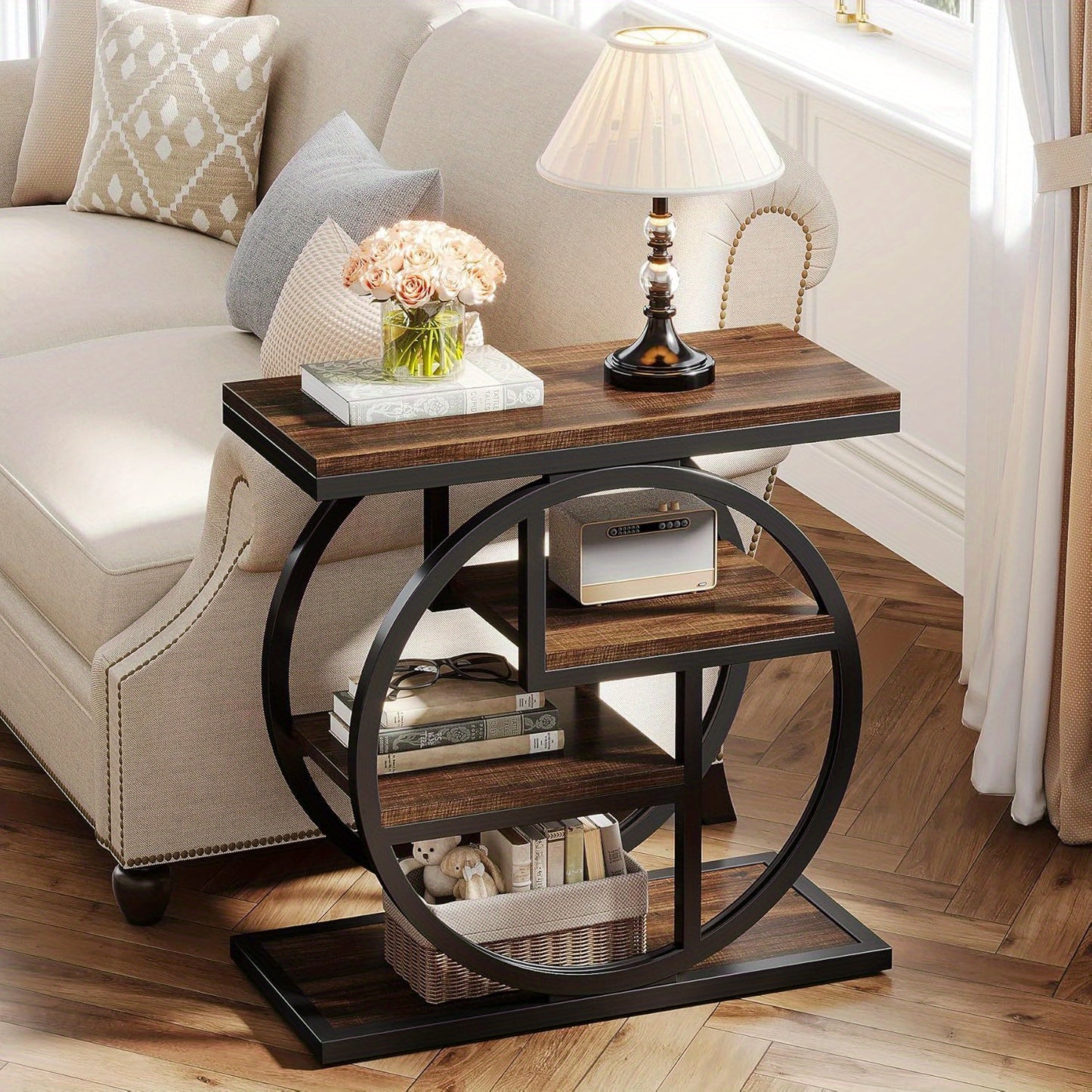 Industrial Wood Side Table With Storage Shelves And Geometric Frame