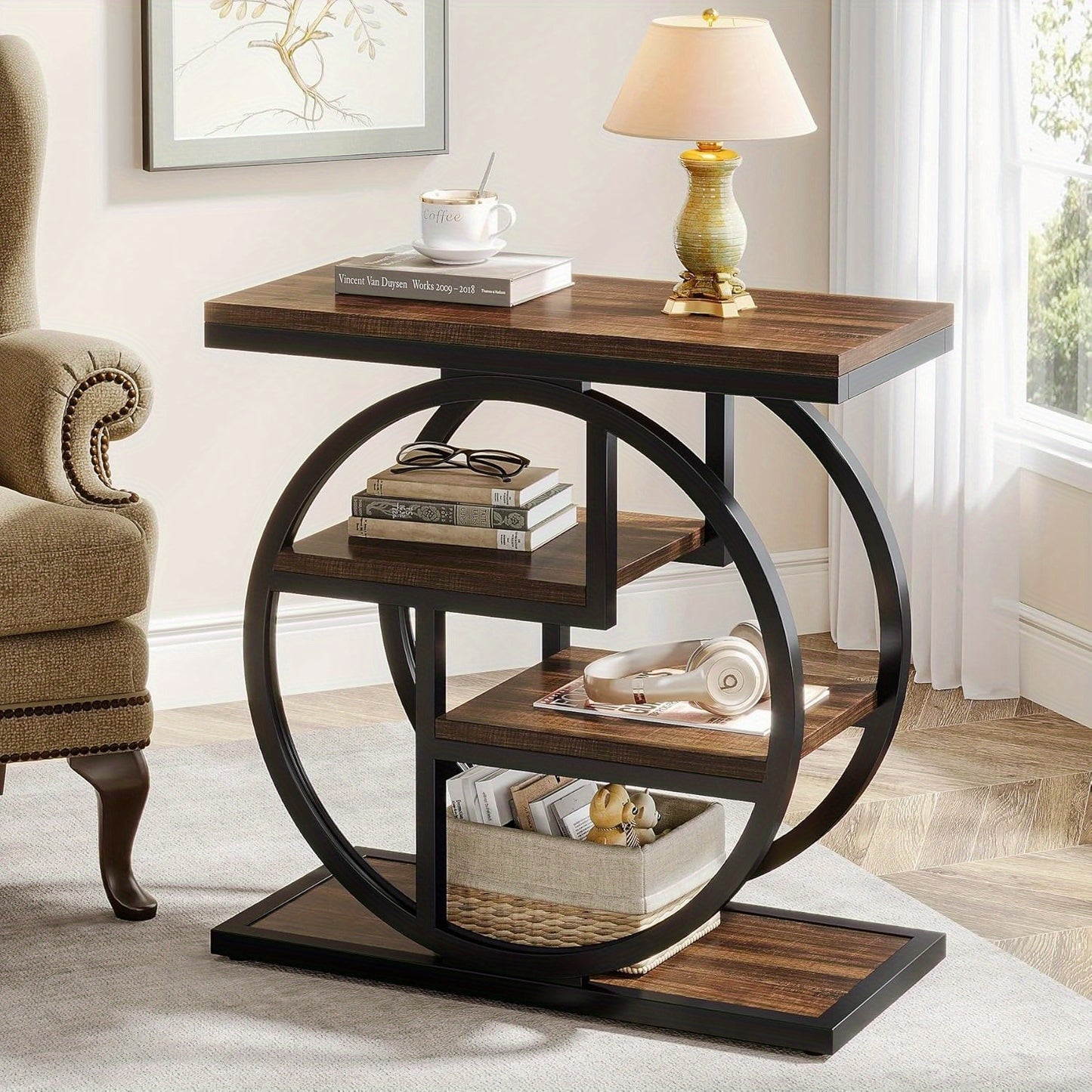 Industrial Wood Side Table With Storage Shelves And Geometric Frame