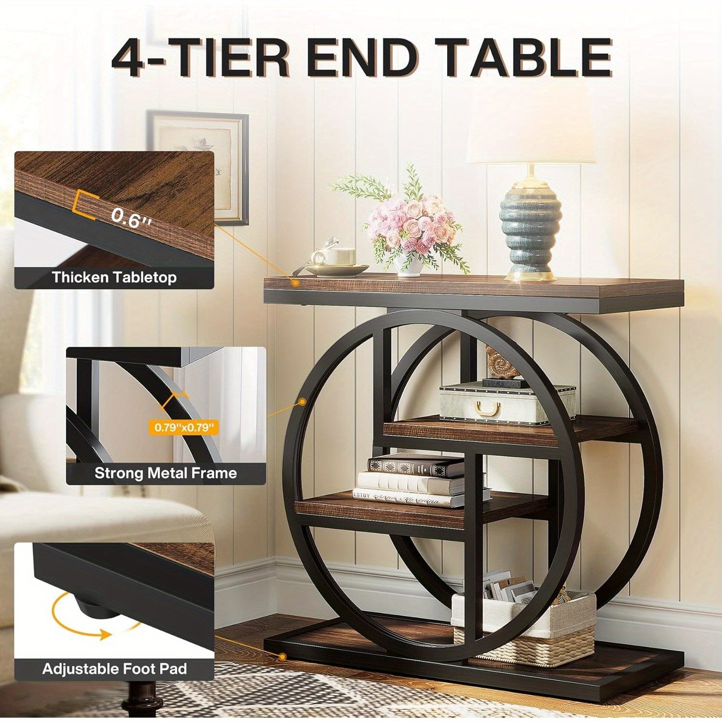 Industrial Wood Side Table With Storage Shelves And Geometric Frame