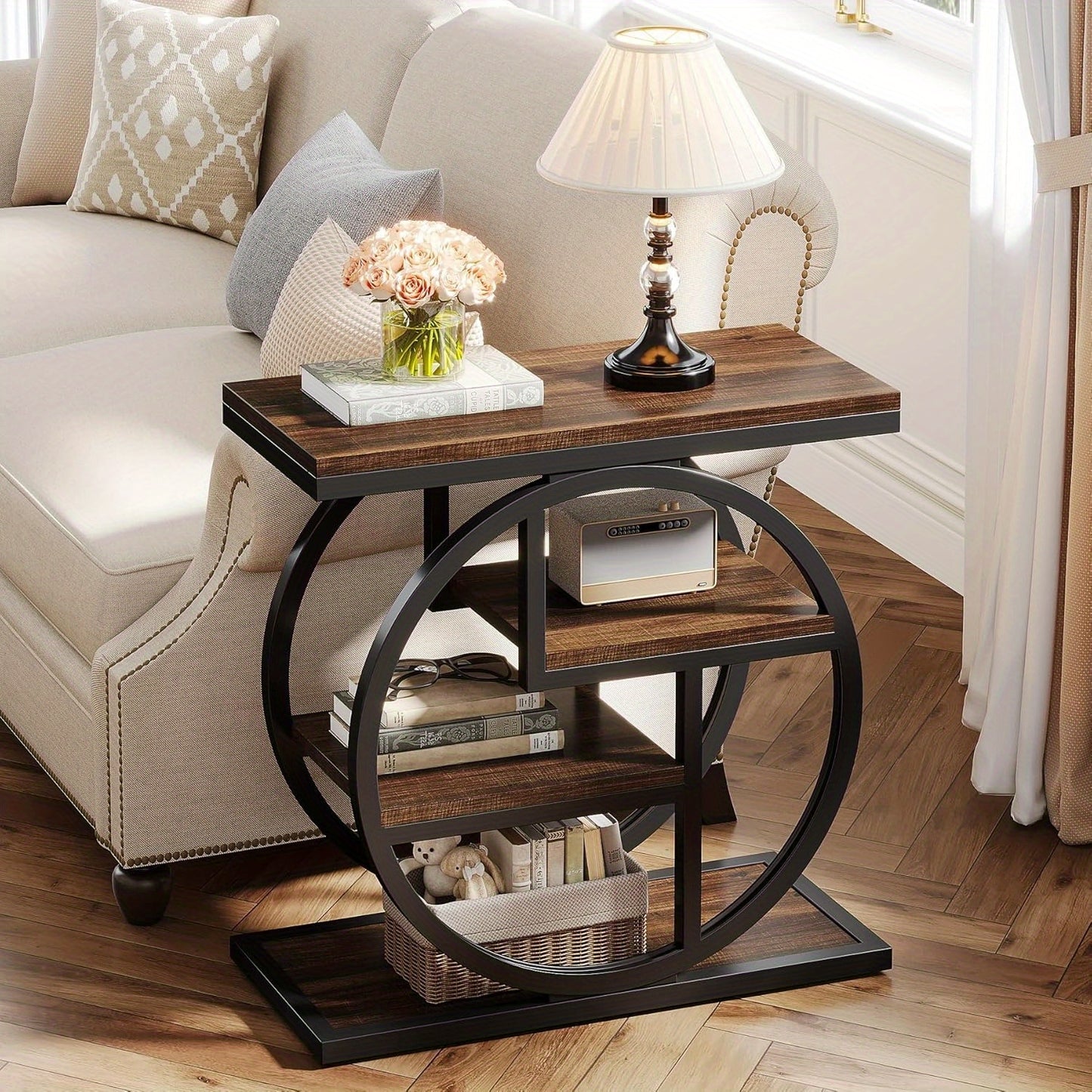 Industrial Wood Side Table With Storage Shelves And Geometric Frame