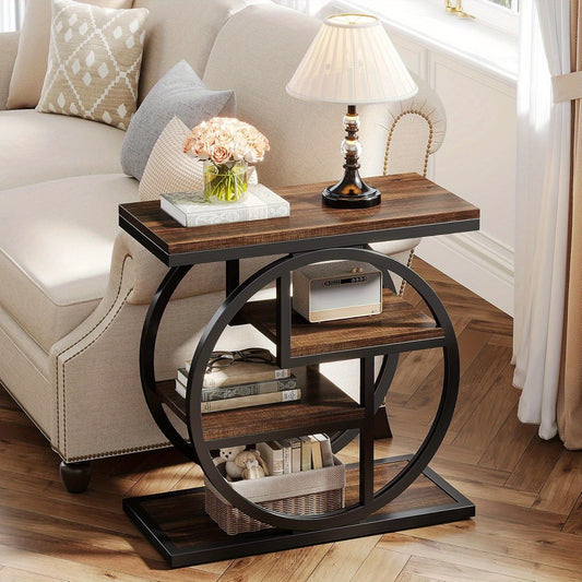 Industrial Wood Side Table With Storage Shelves And Geometric Frame