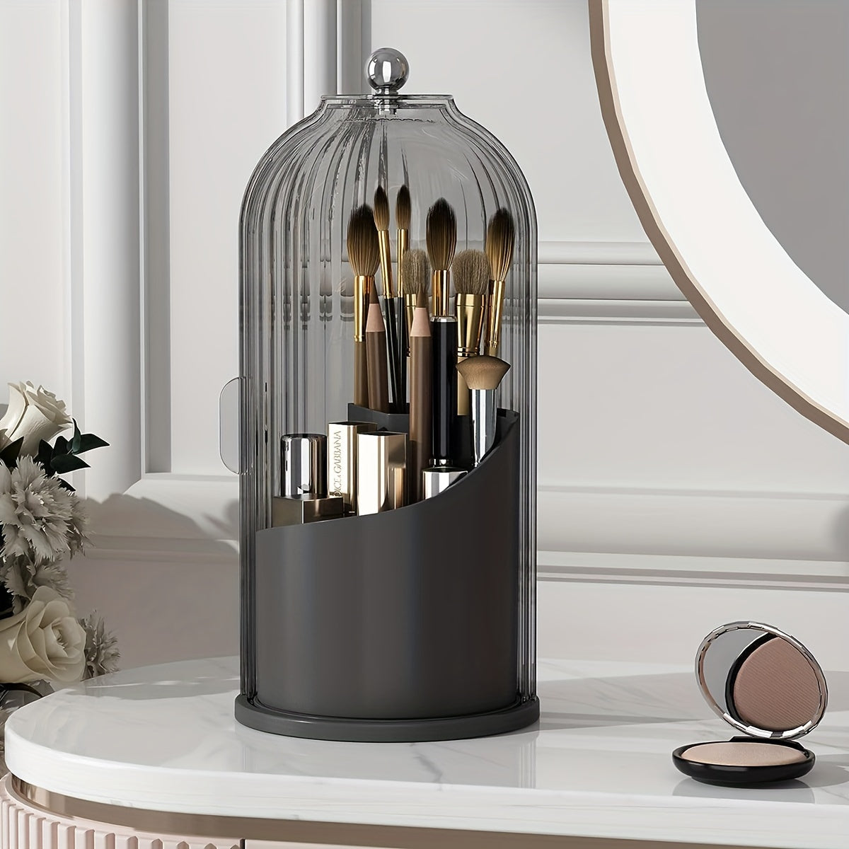 Elegant Rotating Makeup Holder 360 Degree Makeup Brush Organizer Dustproof Transparent Storage Box Sleek Black and Gold Ideal for Vanity Bathroom Countertops