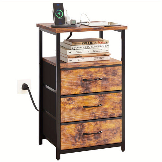 WHONLINE Night Stand with Charging Station and Fabric Drawers