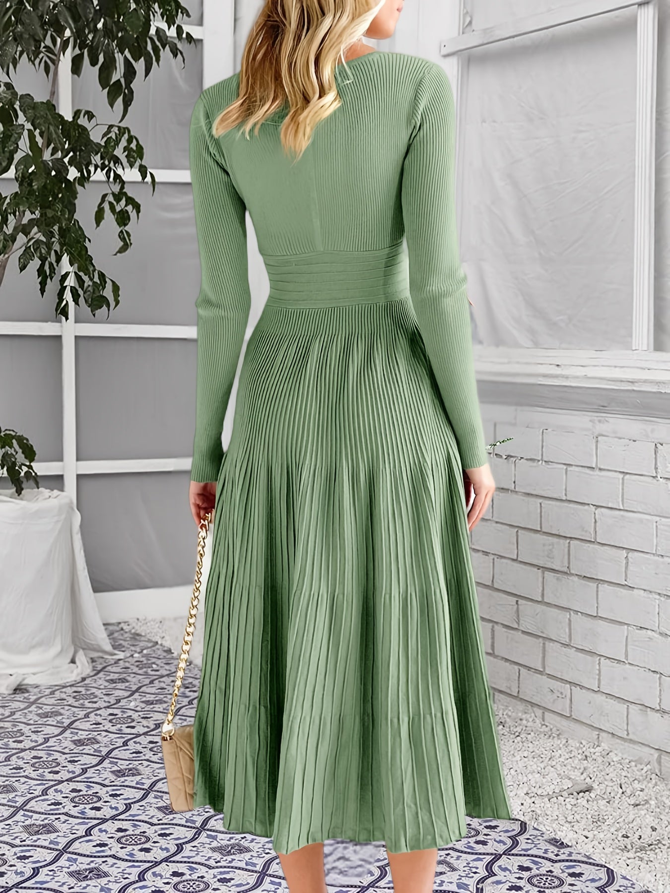 Womens V Neck Midi Sweater Dress Wrap Pleated A Line