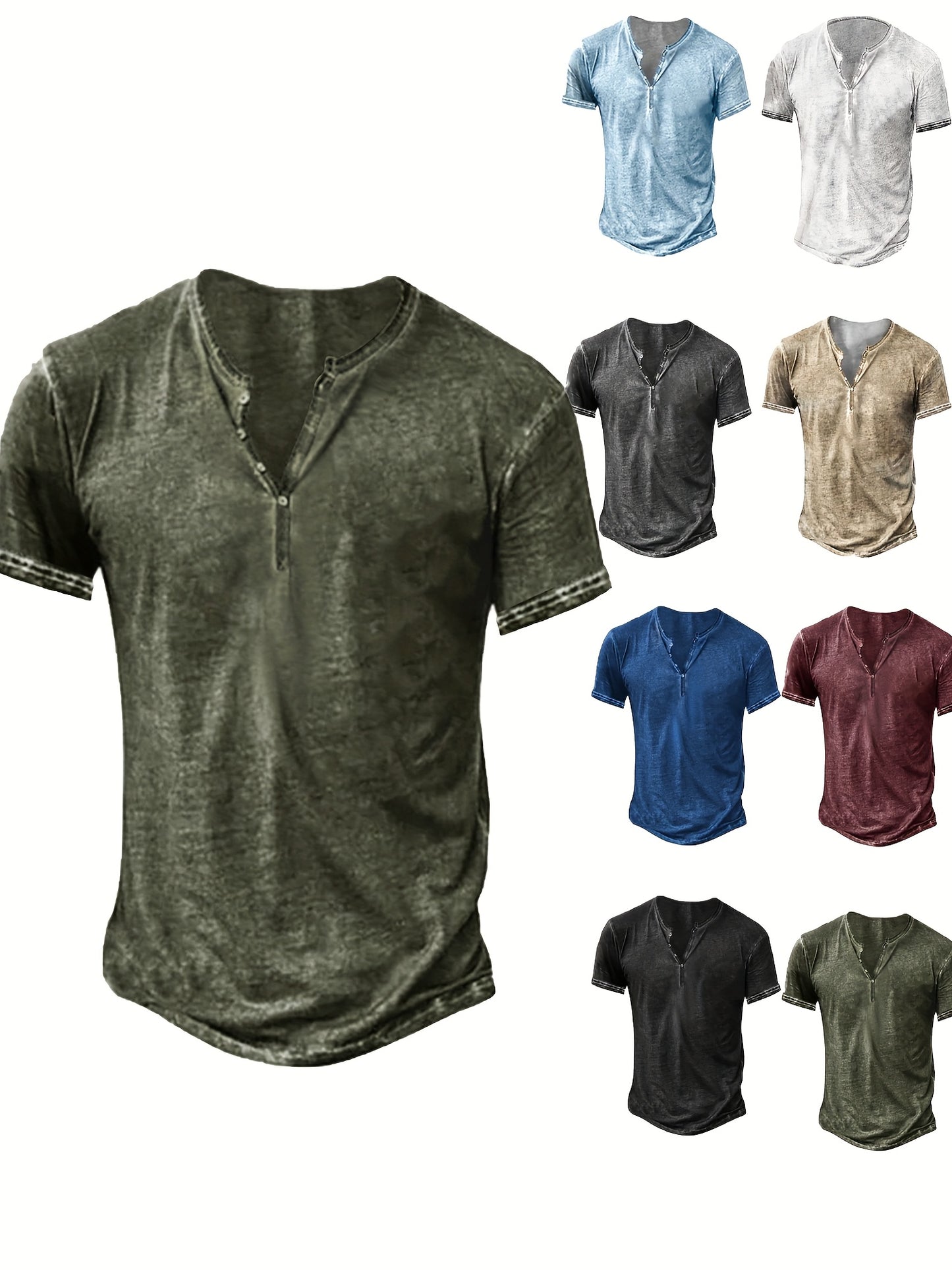 Mens Distressed Henley Shirt Short Sleeve Cotton Slim Fit
