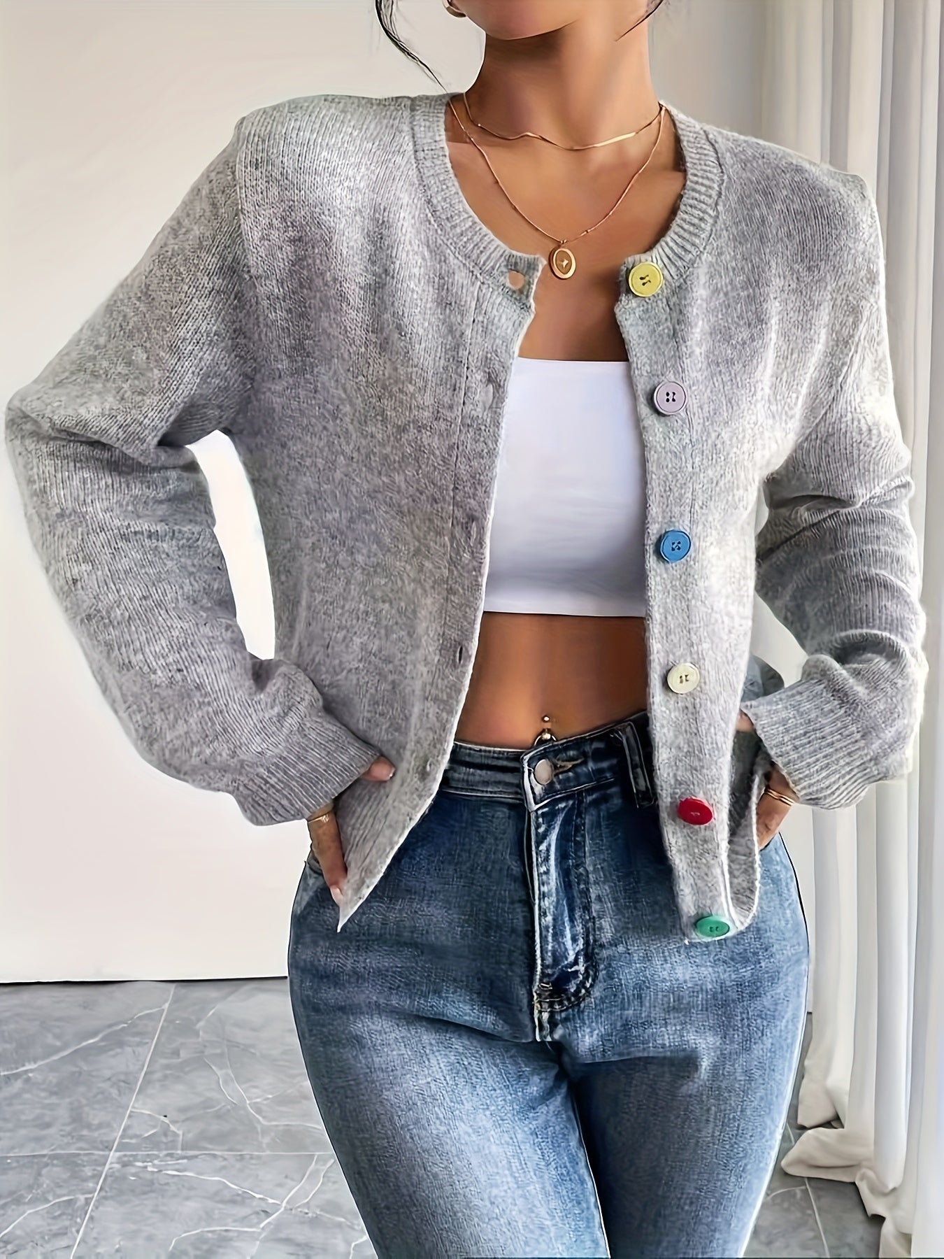 Womens Cardigan Sweater With Button Details Crew Neck