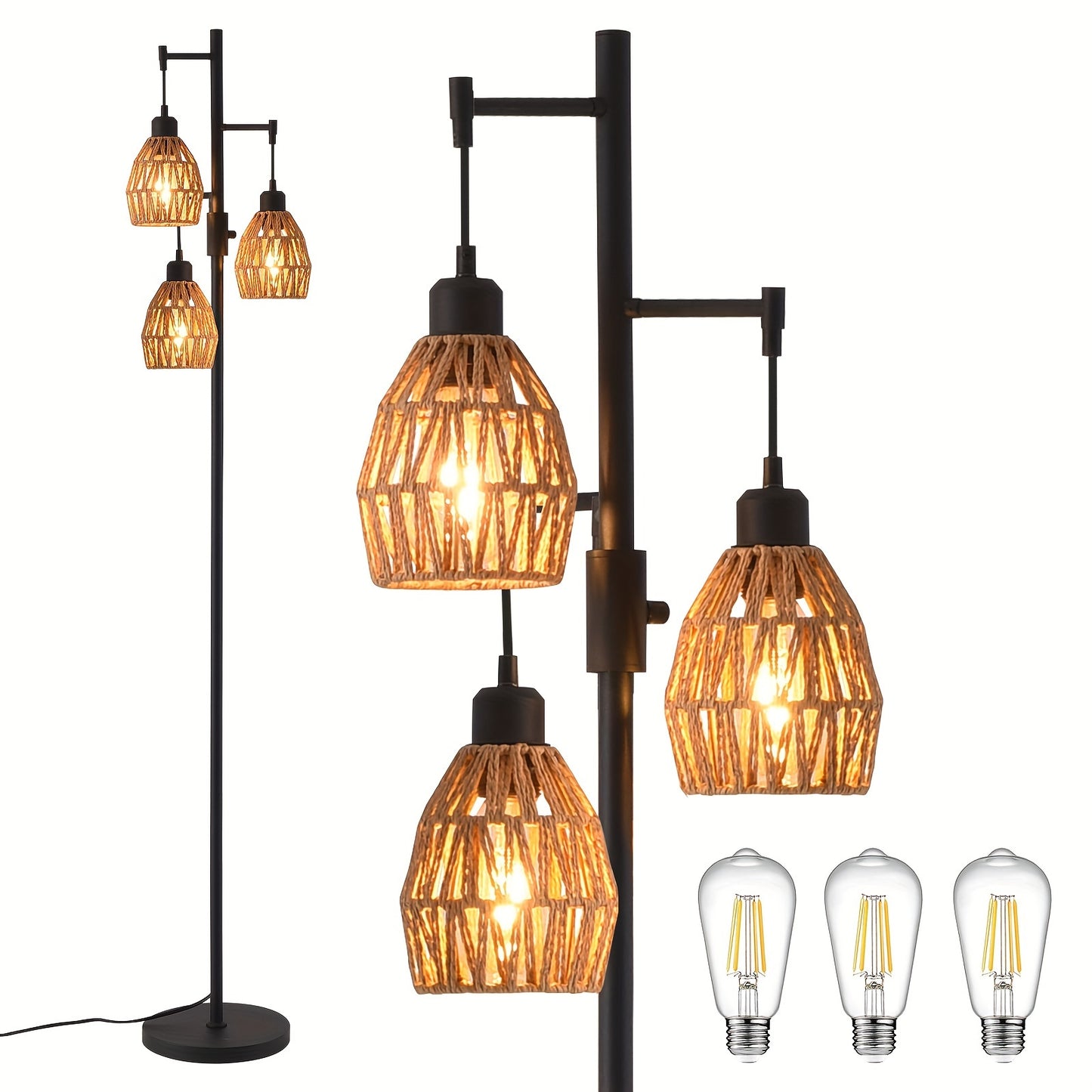 Boho Rattan Tree Floor Lamp With Dimmable Adjustable Lighting