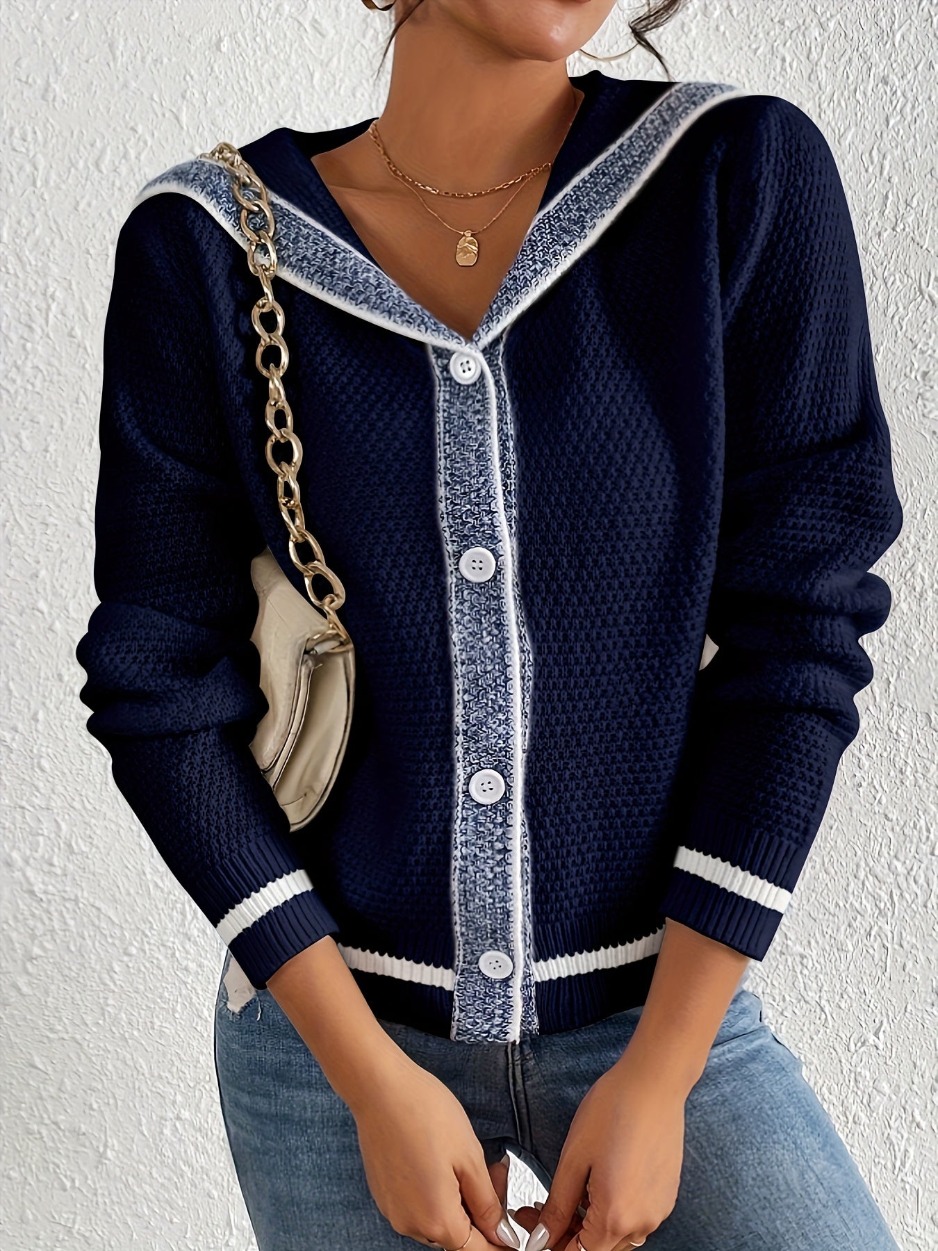 Womens Elegant Color Block Button Front Cardigan for Casual Wear