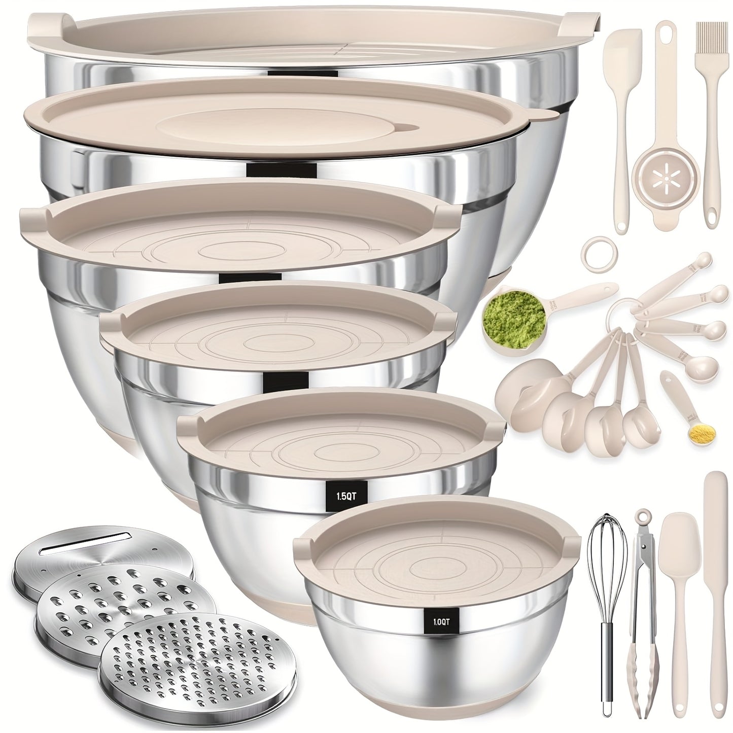 Stainless Steel Mixing Bowls Set with Airtight Lids and Tools