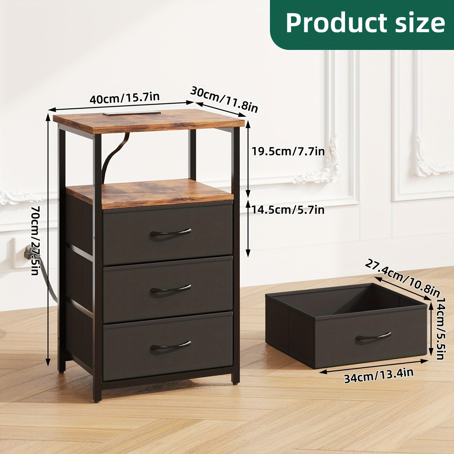 WHONLINE Night Stand with Charging Station and Fabric Drawers