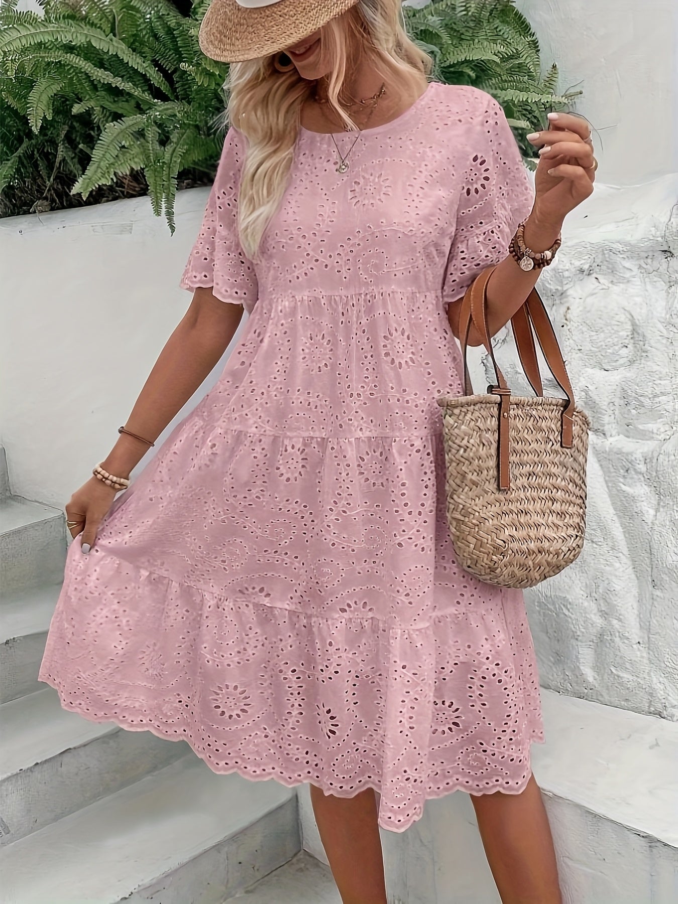 Lined Embroidered Lace Eyelet A Line Dress Button Front