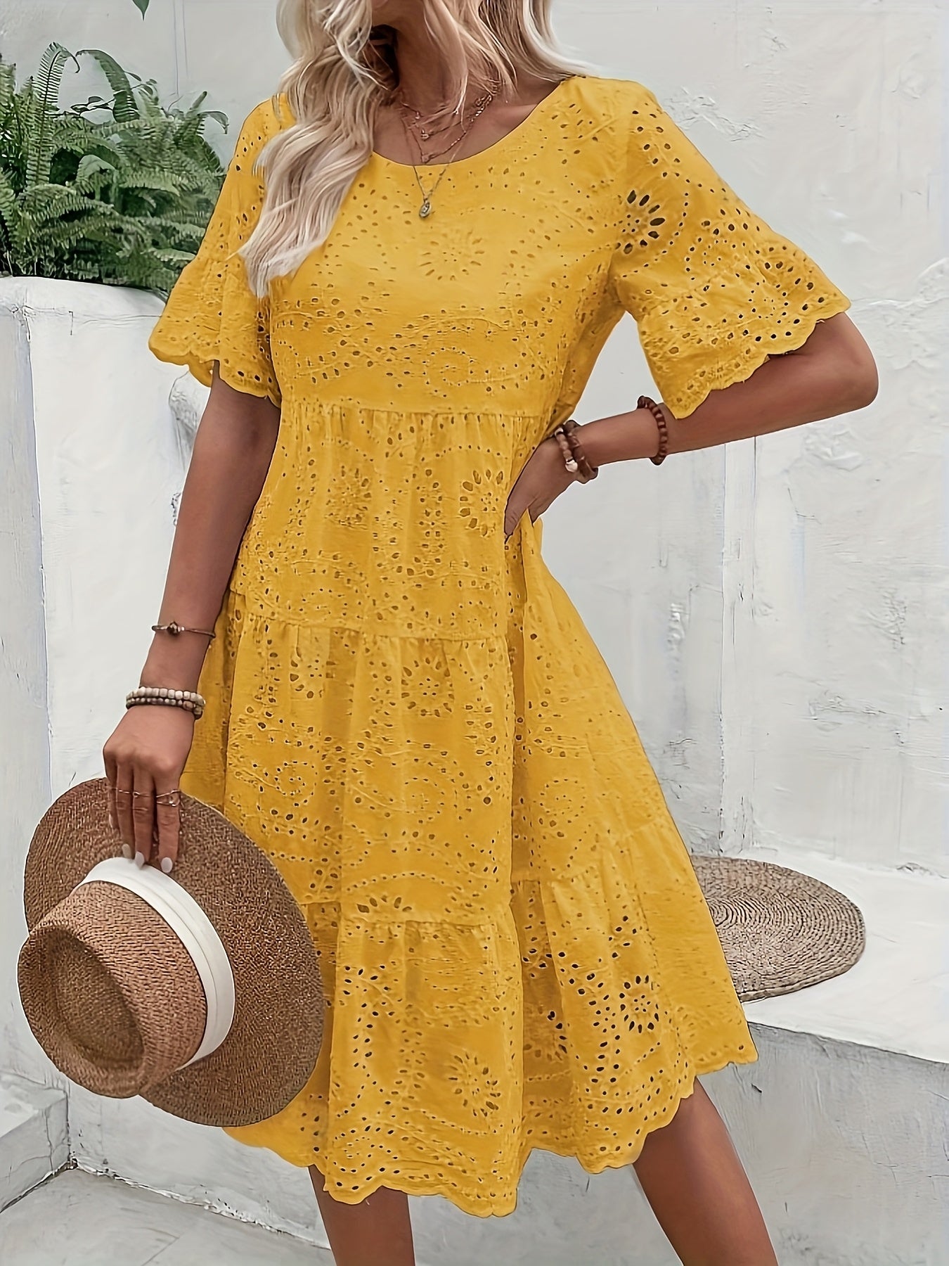 Lined Embroidered Lace Eyelet A Line Dress Button Front