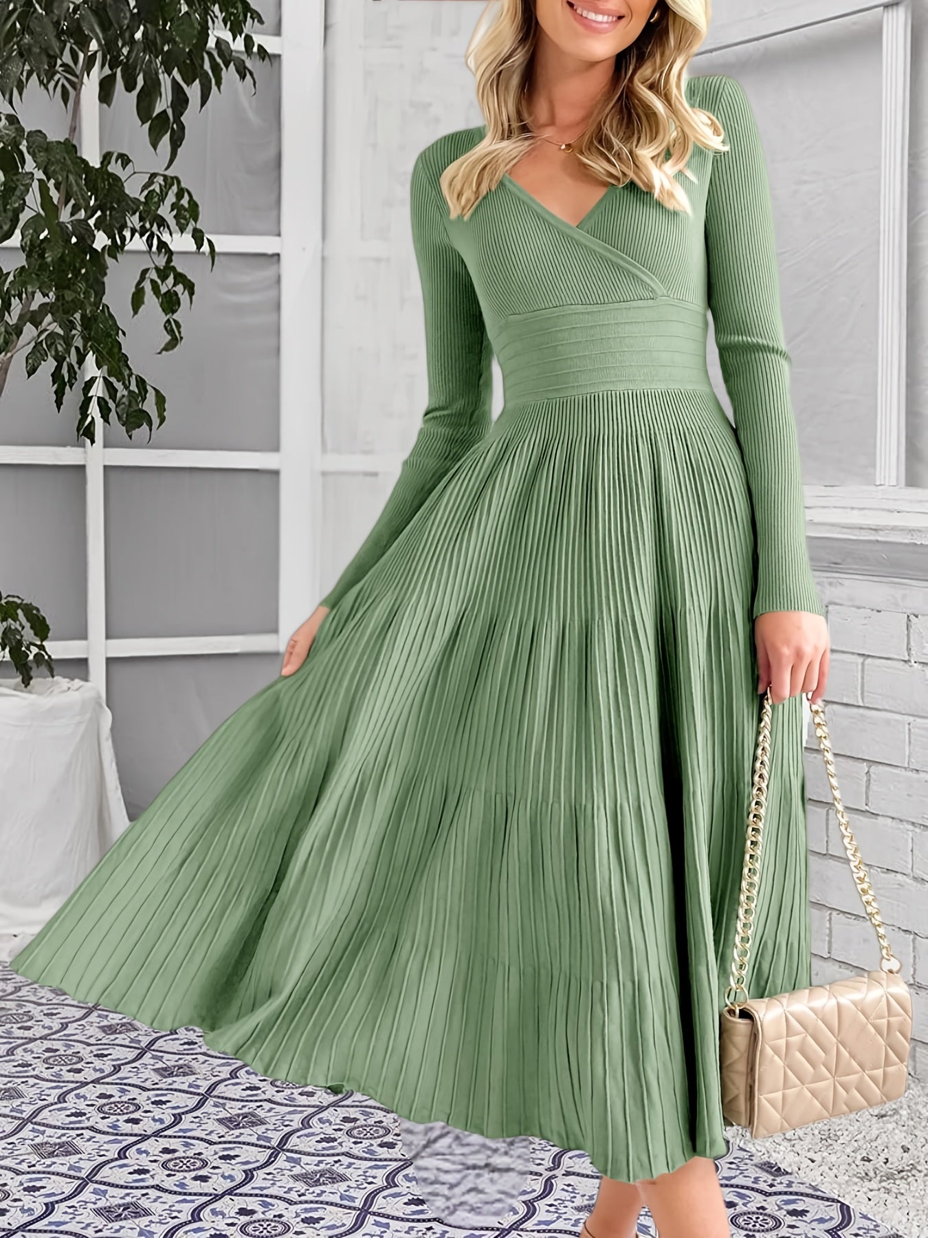 Womens V Neck Midi Sweater Dress Wrap Pleated A Line