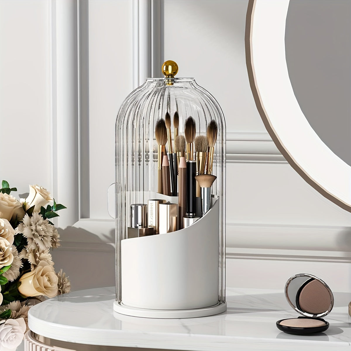 Elegant Rotating Makeup Holder 360 Degree Makeup Brush Organizer Dustproof Transparent Storage Box Sleek Black and Gold Ideal for Vanity Bathroom Countertops