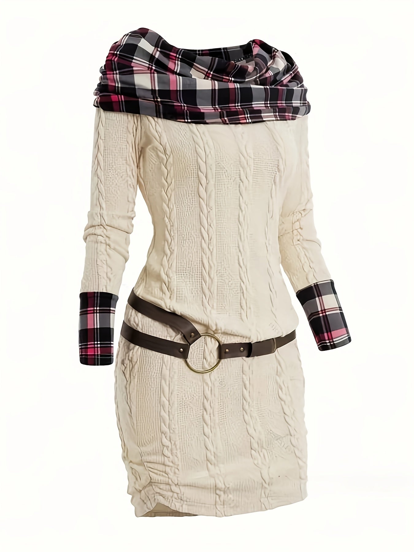 Plaid Patchwork Cable Knit Bodycon Sweater Dress Chic