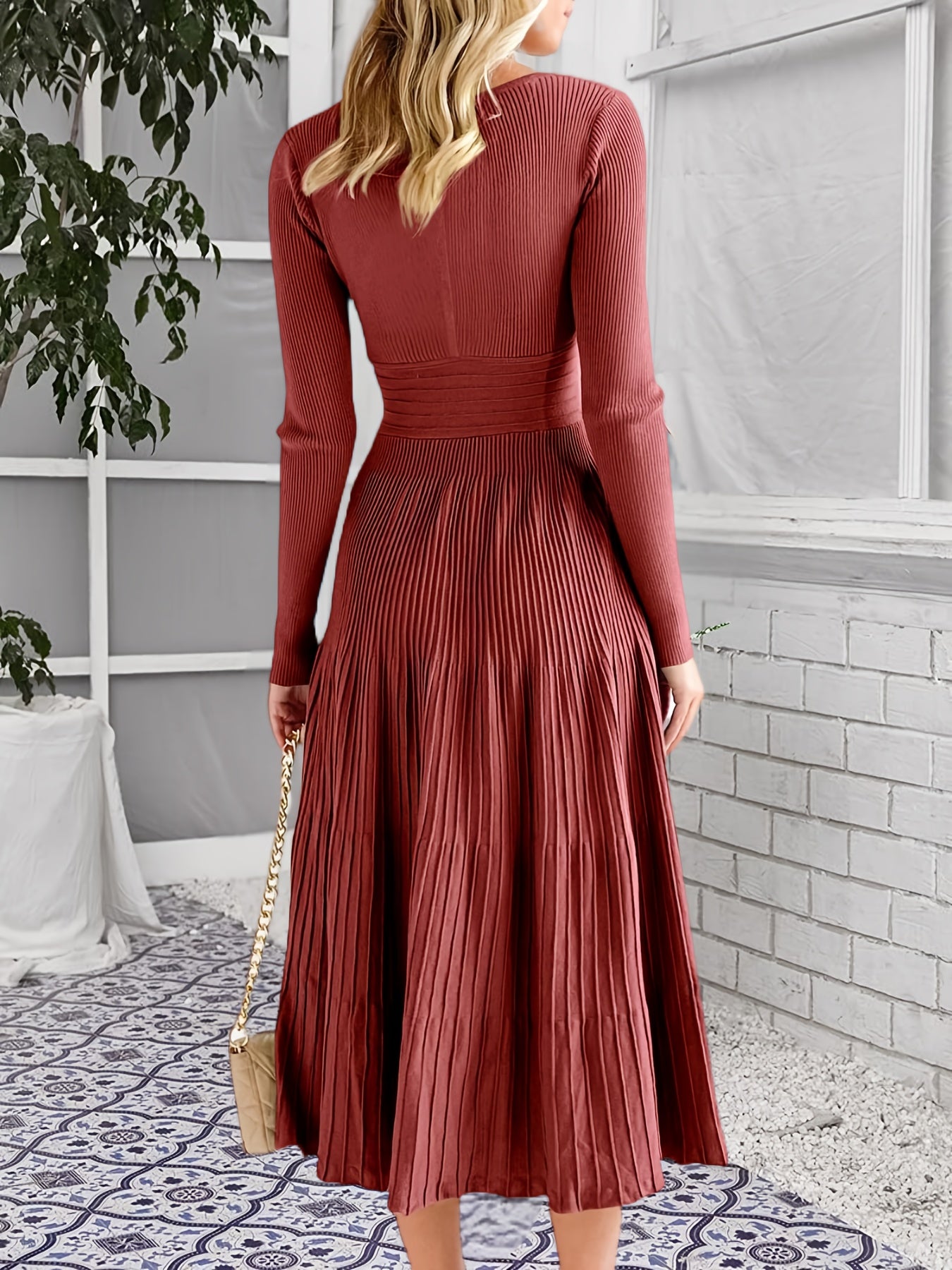 Womens V Neck Midi Sweater Dress Wrap Pleated A Line