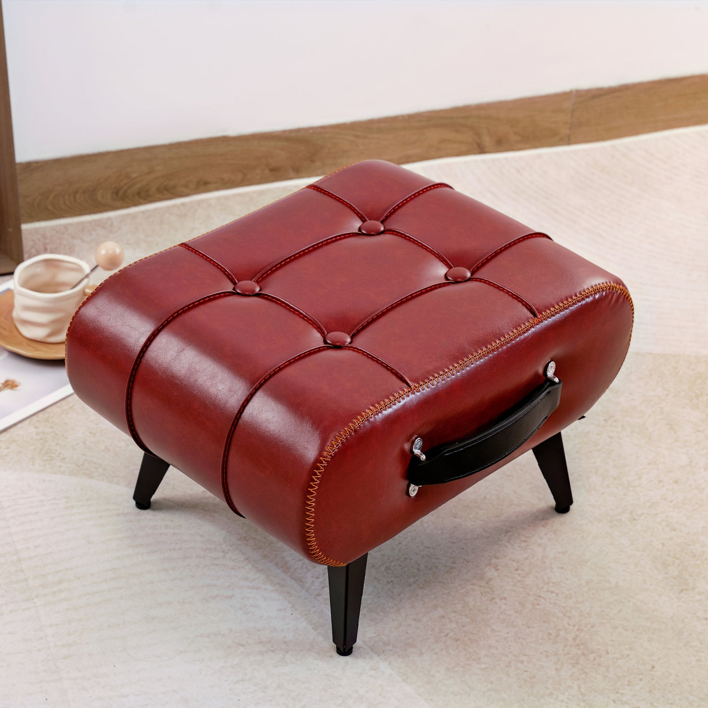 Stylish Leather Stool Oil Wax Finish Low Footstool Pro