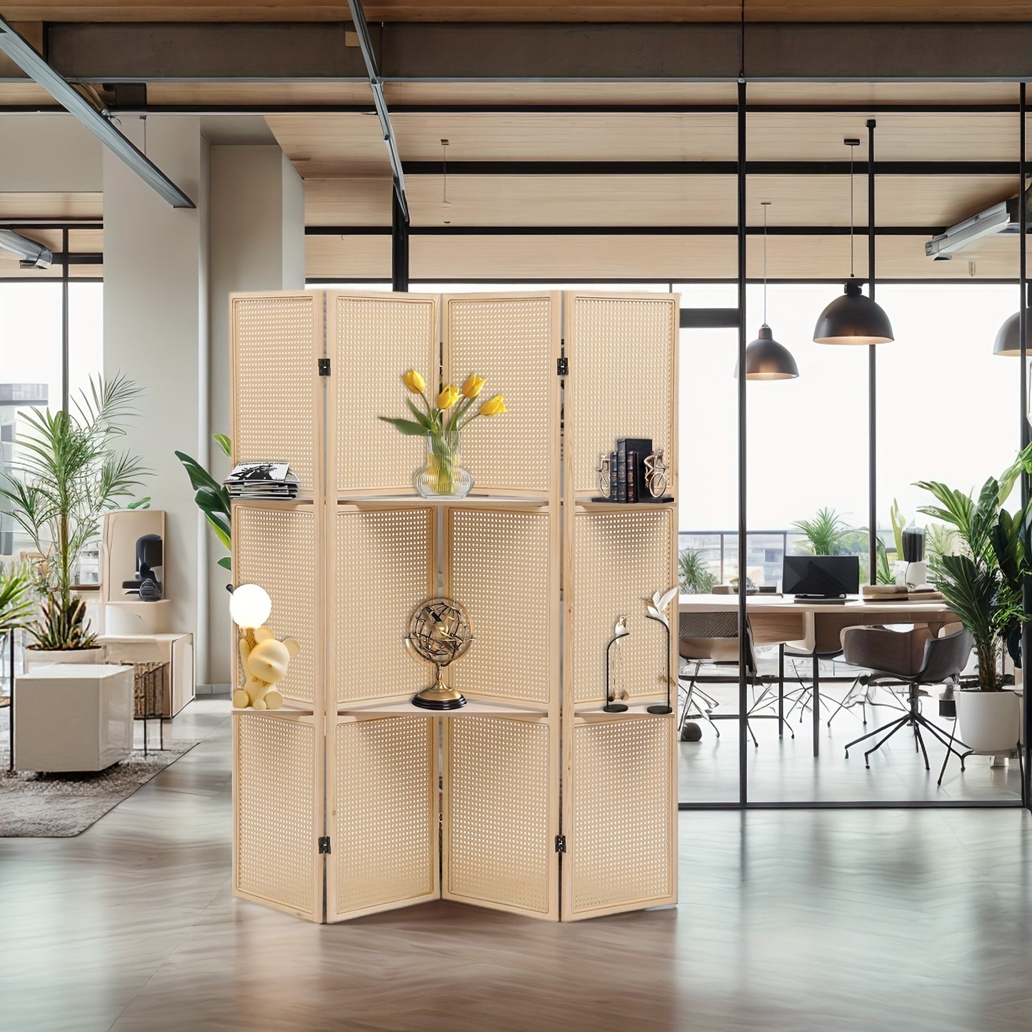 ZFFURN 4 Panel Folding Wood And Bamboo Privacy Screen