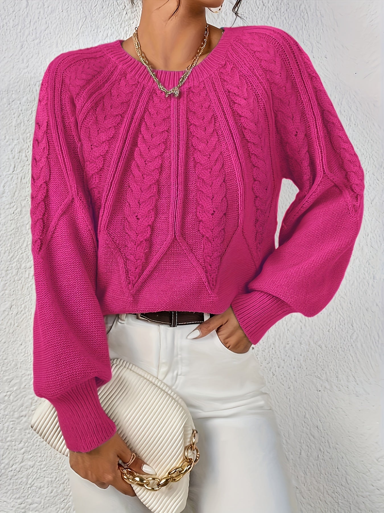 Womens Elegant Round Neck Sweater Solid Knitwear For Fall