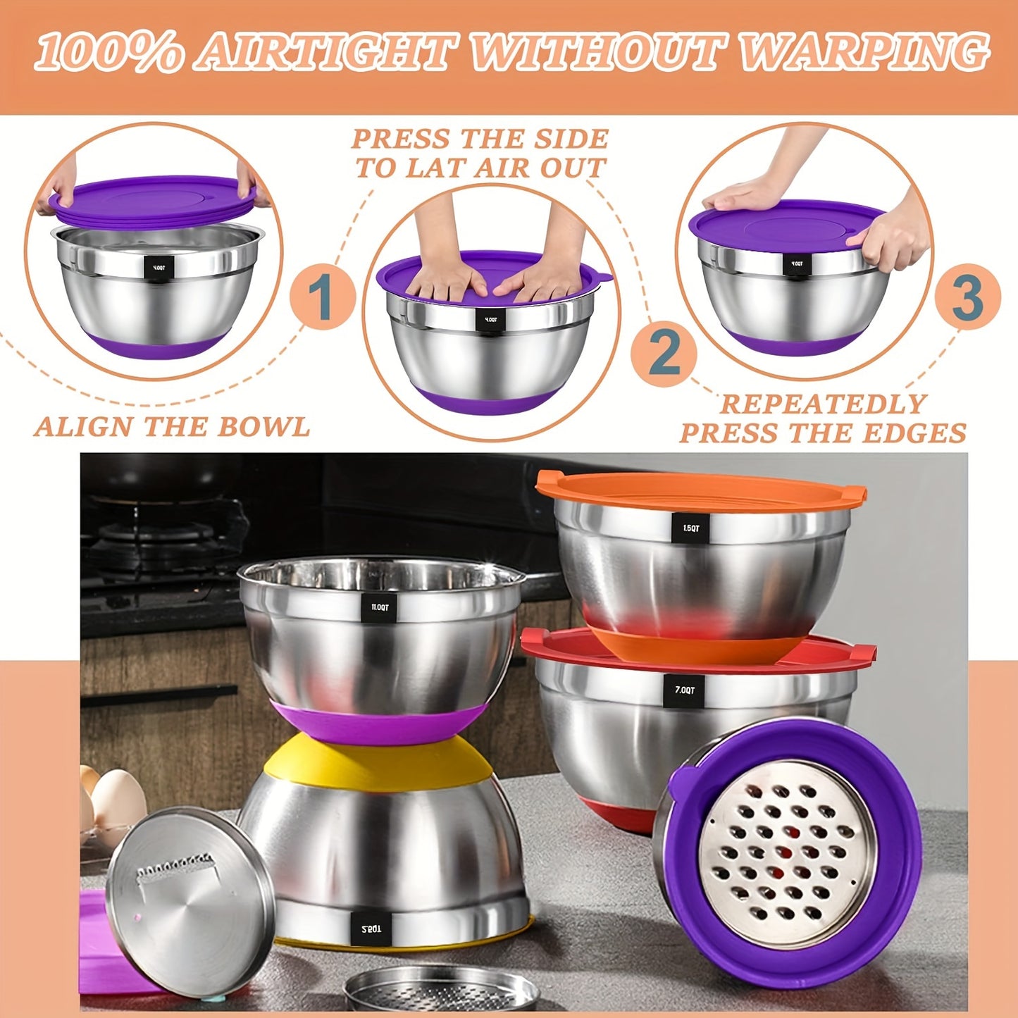 Stainless Steel Mixing Bowls Set with Airtight Lids and Tools