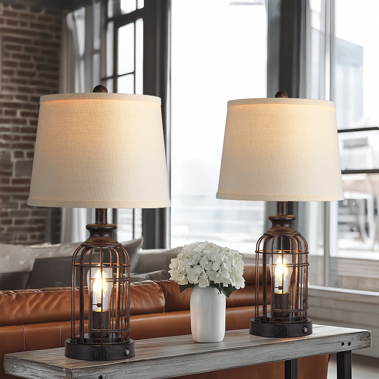 Farmhouse Table Lamps Set with Touch Control and USB Ports
