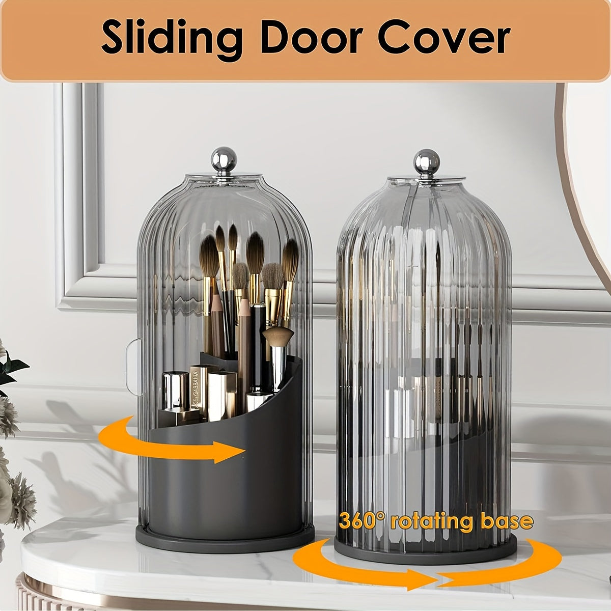 Elegant Rotating Makeup Holder 360 Degree Makeup Brush Organizer Dustproof Transparent Storage Box Sleek Black and Gold Ideal for Vanity Bathroom Countertops