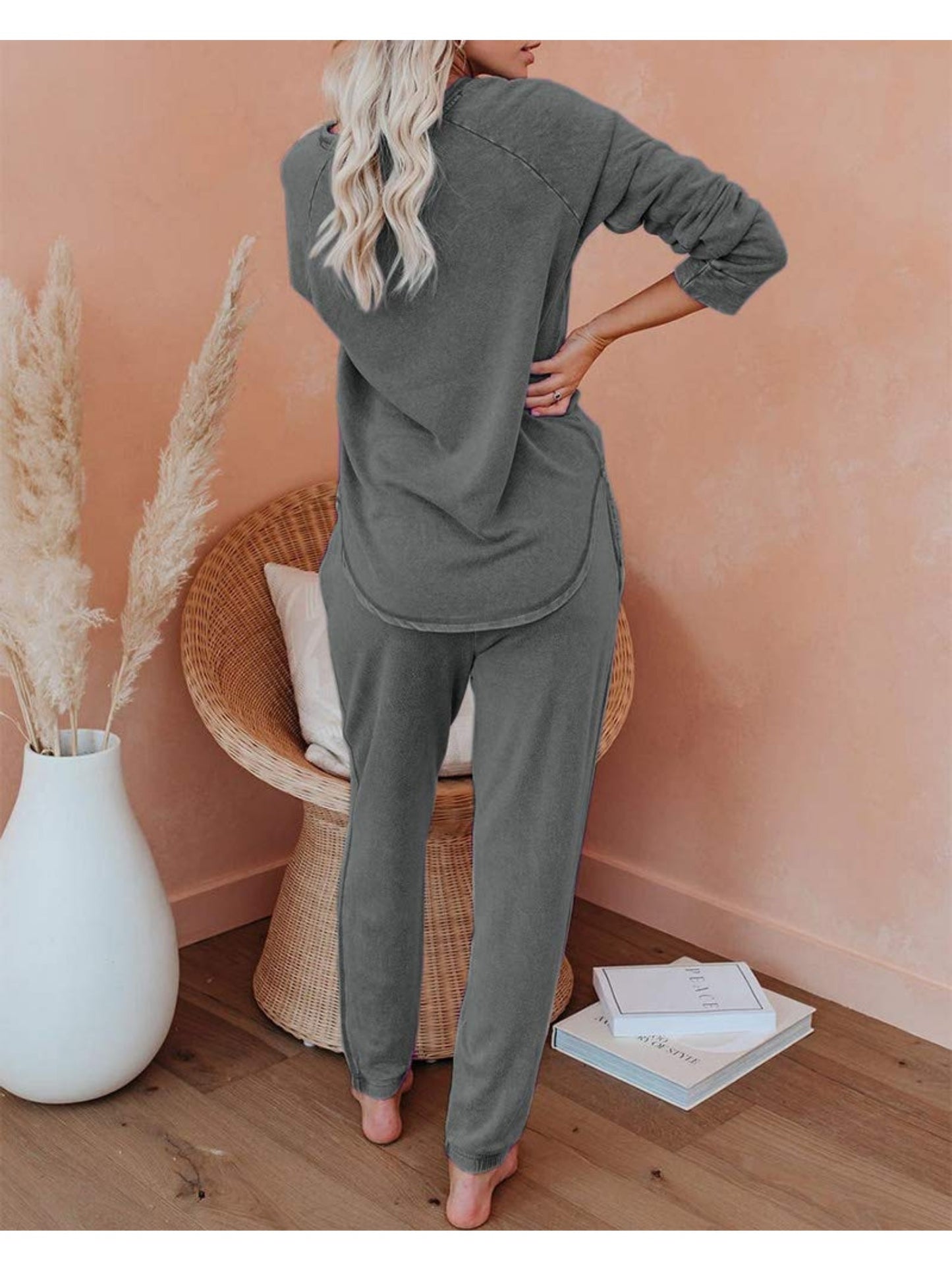 Women Solid Sweatsuit Set Crewneck Pullover Sweatpants