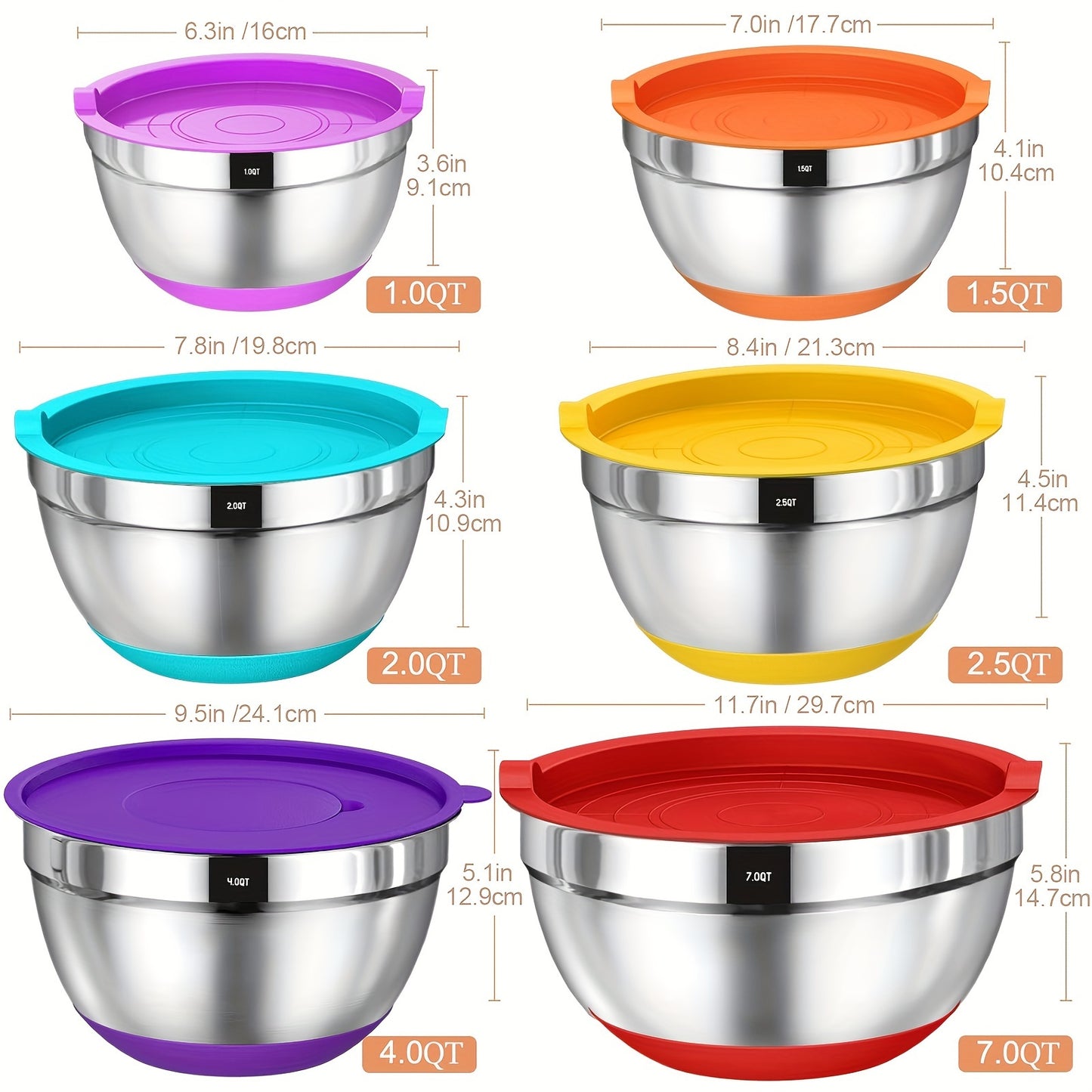 Stainless Steel Mixing Bowls Set with Airtight Lids and Tools