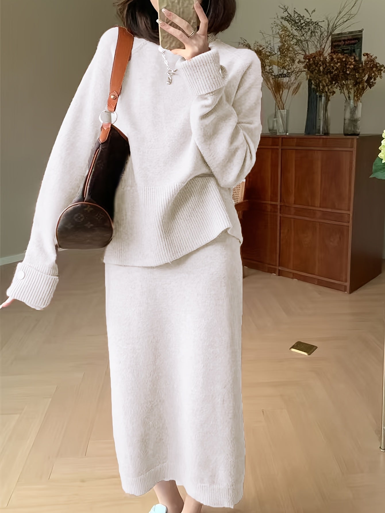 French Inspired Loose Fit Sweater And Skirt Set For Women