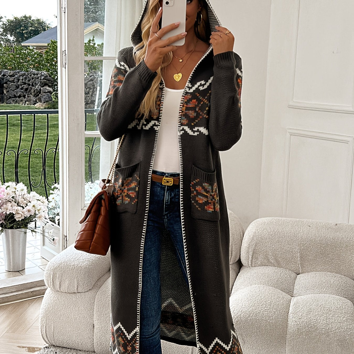 Jacquard Cardigan Geometric Knit With Pockets Fall Winter