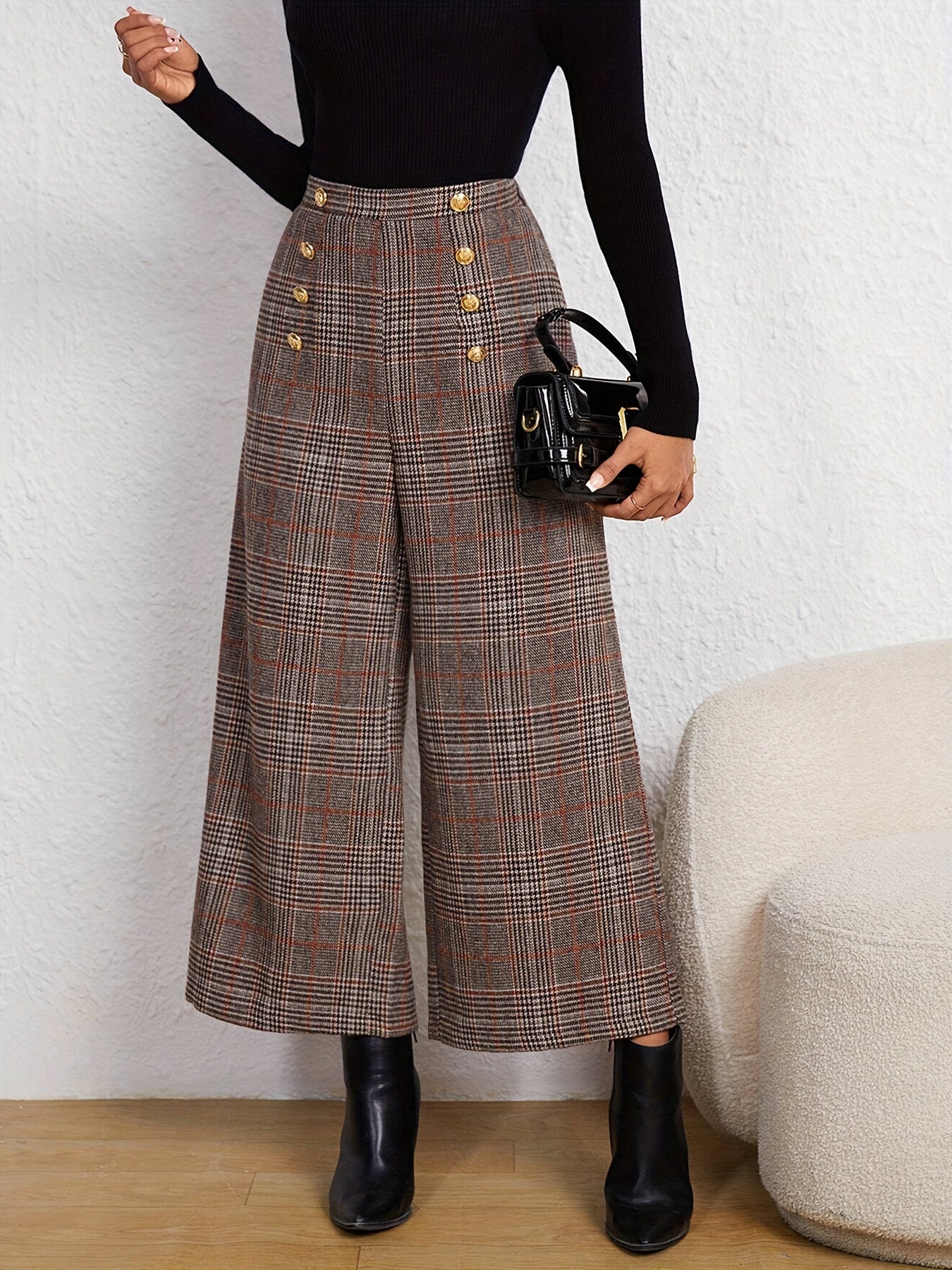 Plaid Print Wide Leg Pants With Button High Waist For All Season Spring And Summer