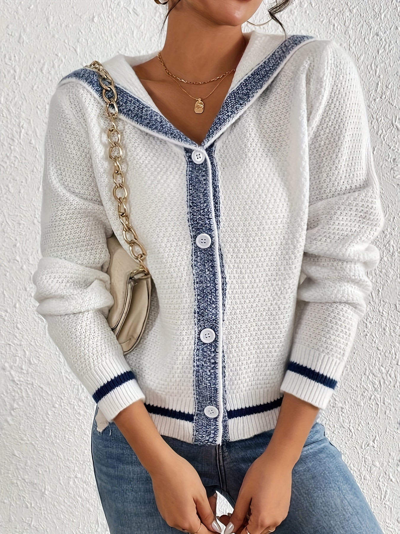 Womens Elegant Color Block Button Front Cardigan for Casual Wear