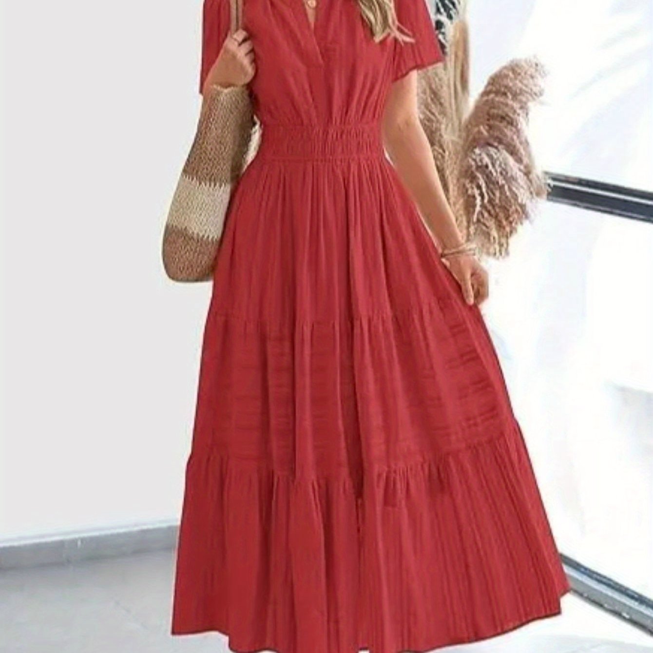 ZOELNIC Pleated Bubble Sleeve Dress V Neck Elegant Swing