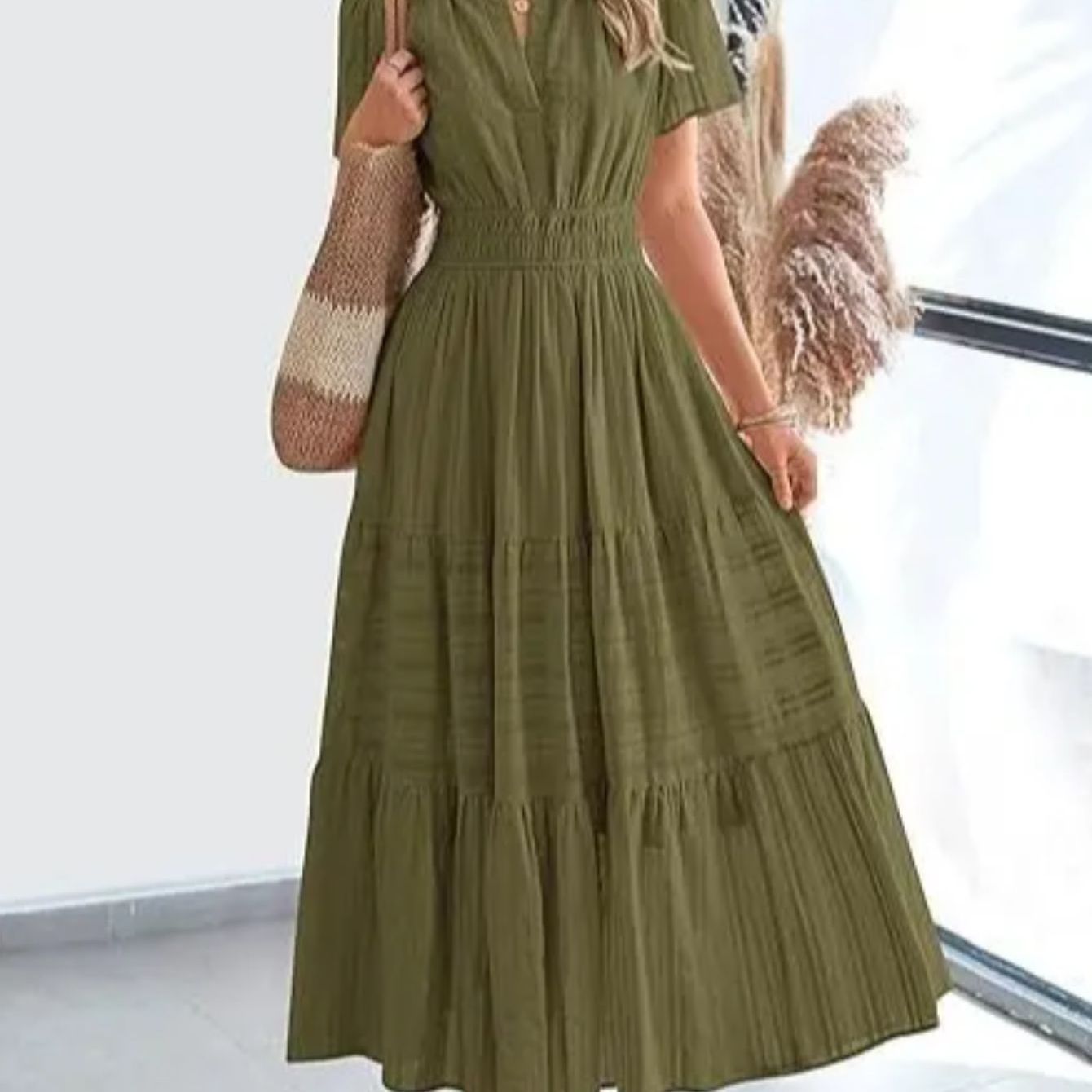 ZOELNIC Pleated Bubble Sleeve Dress V Neck Elegant Swing