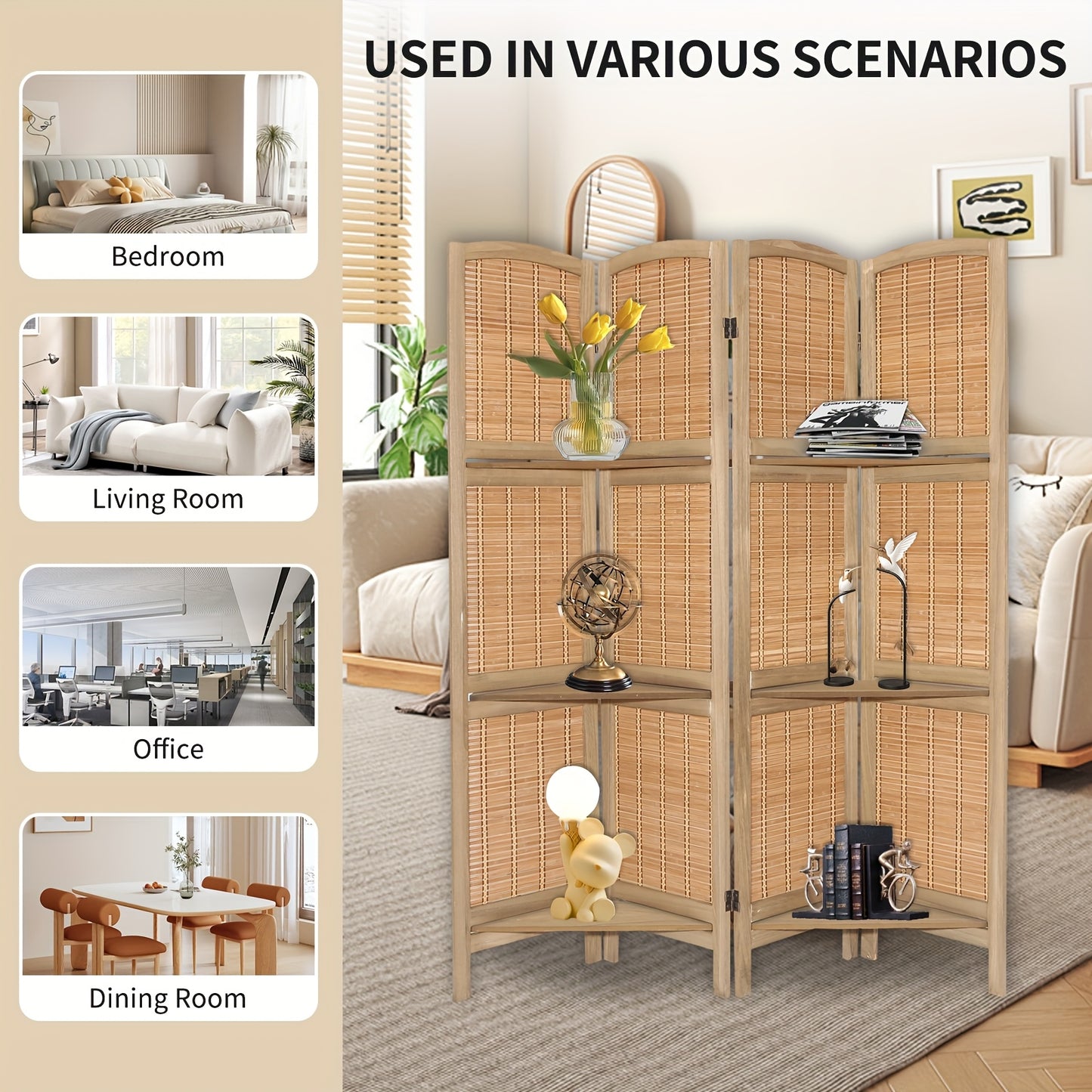 ZFFURN 4 Panel Folding Wood And Bamboo Privacy Screen