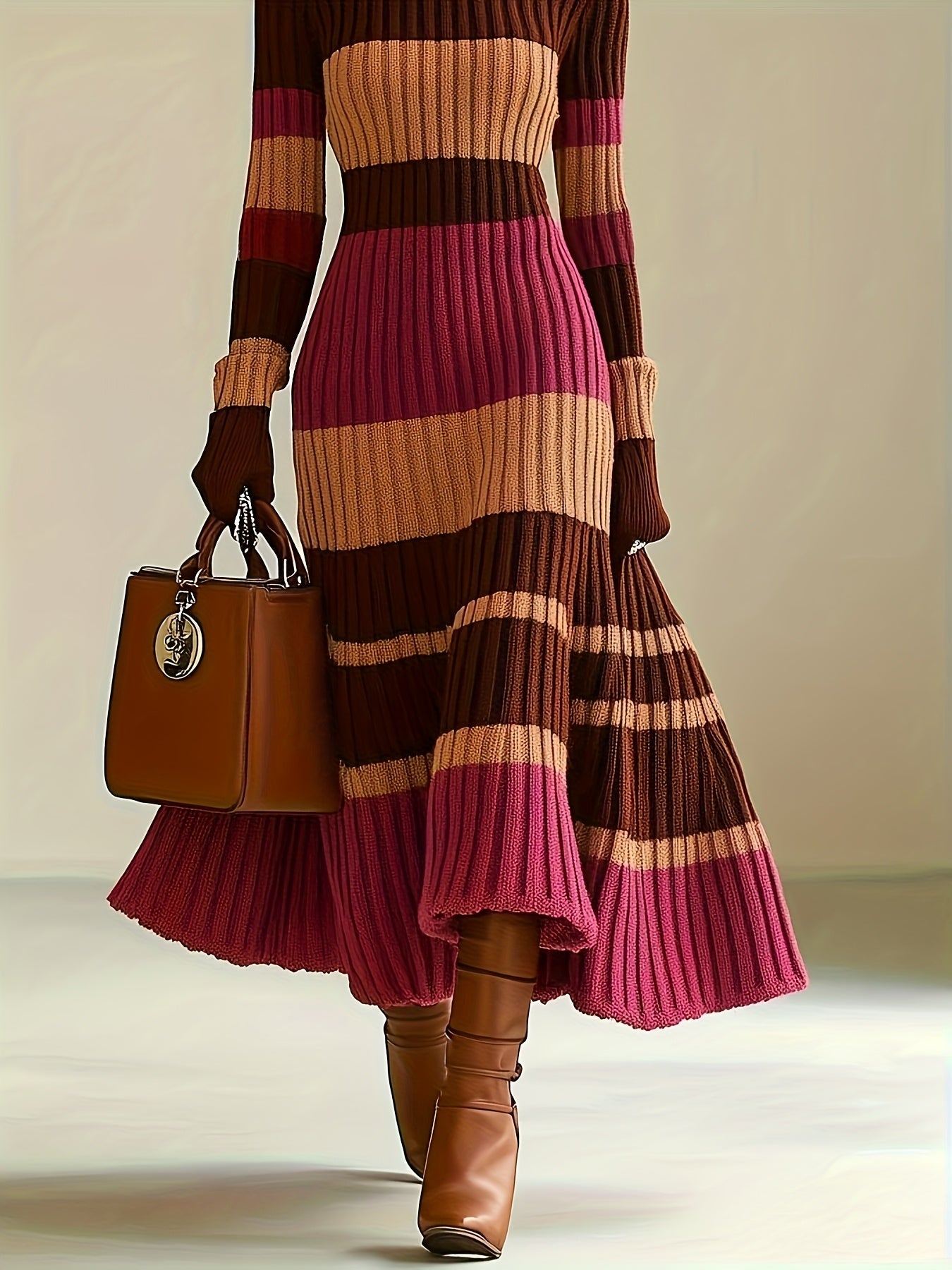 Nian Nian Selection Block Striped Knit Sweater Dress