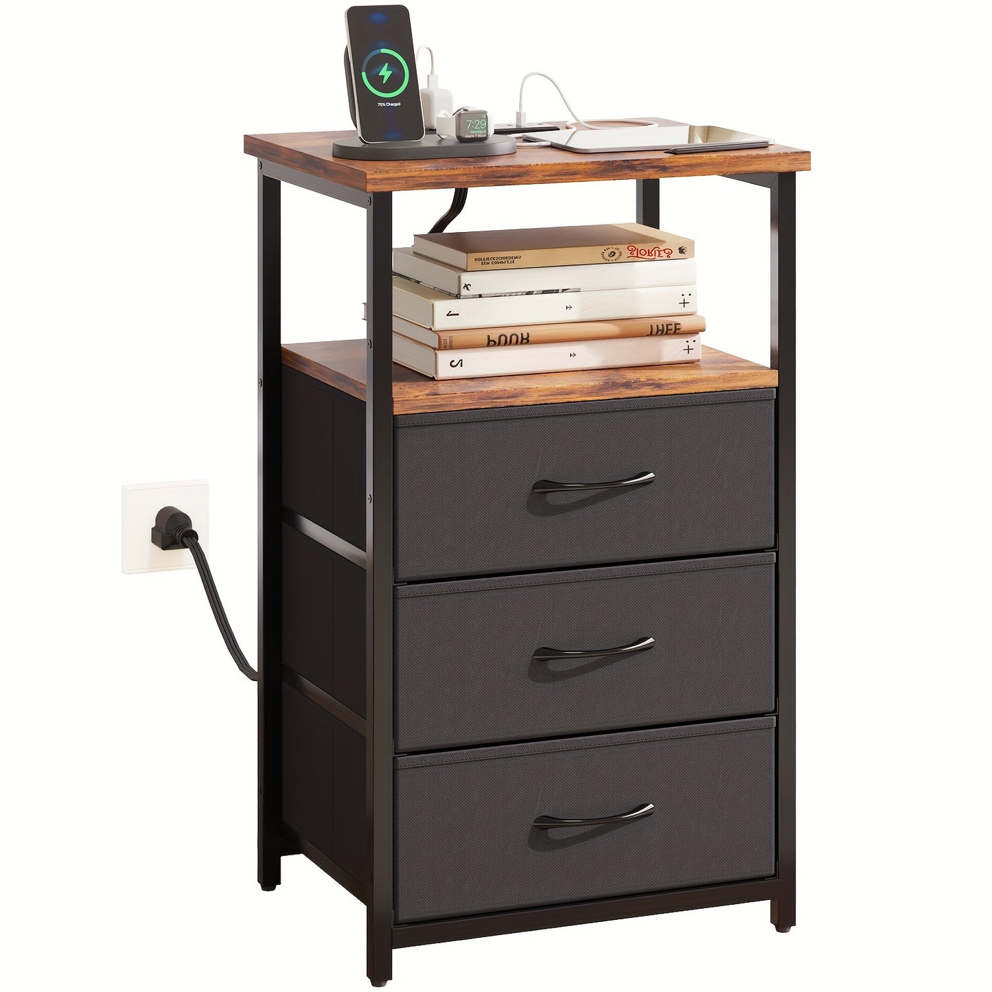 WHONLINE Night Stand with Charging Station and Fabric Drawers