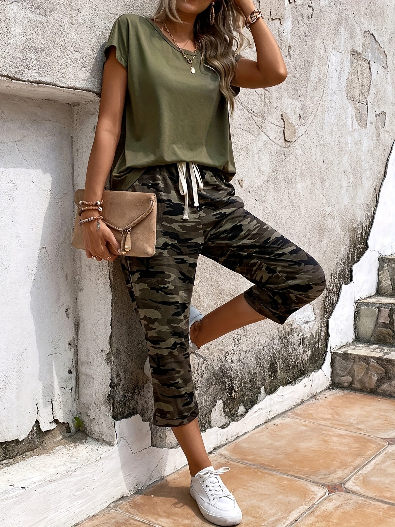 SCACTO Dolman Sleeve T Shirt Camouflage Drawstring Pants Set