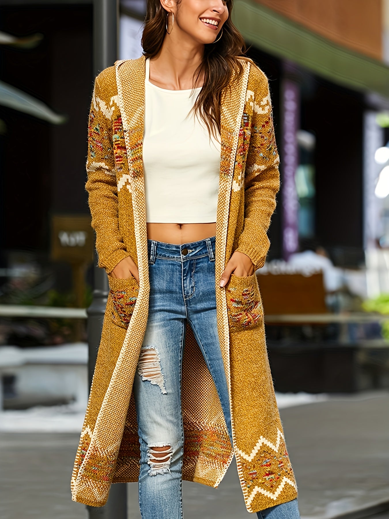 Jacquard Cardigan Geometric Knit With Pockets Fall Winter