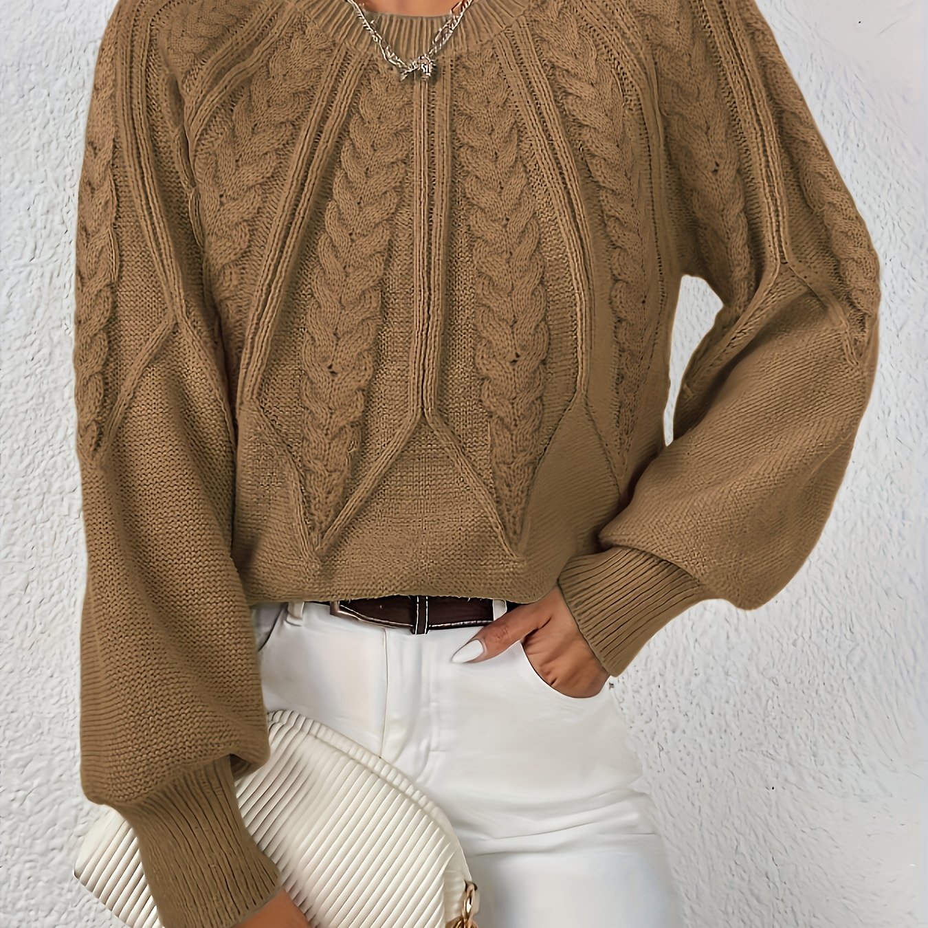 Womens Elegant Round Neck Sweater Solid Knitwear For Fall