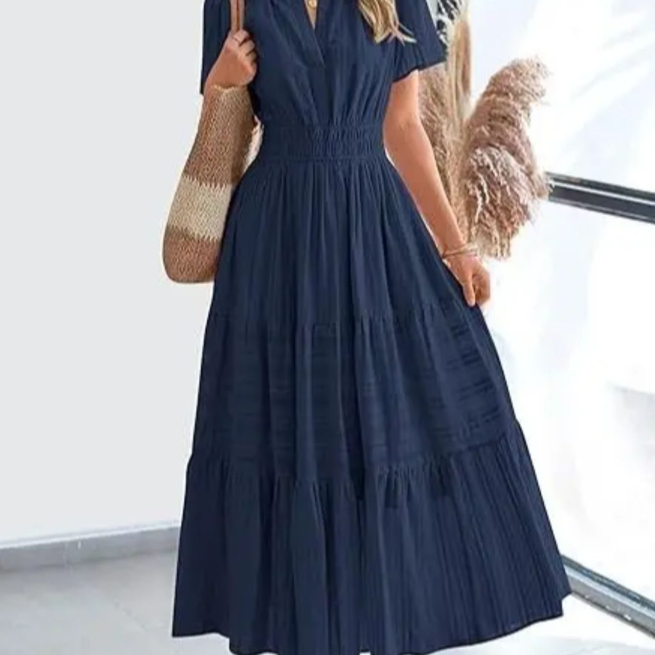 ZOELNIC Pleated Bubble Sleeve Dress V Neck Elegant Swing