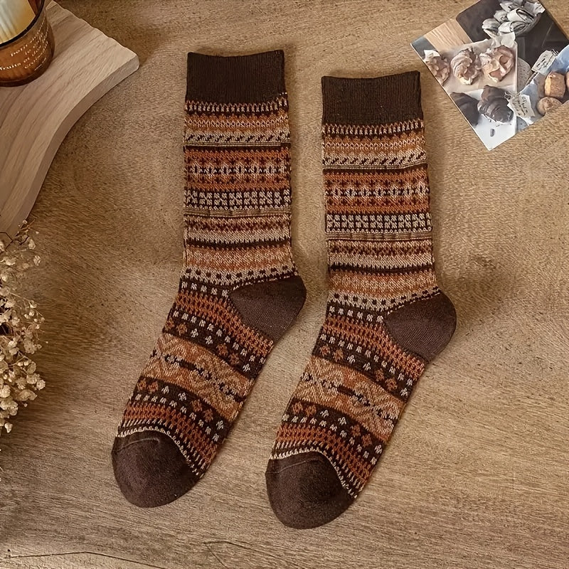 Retro Ethnic Mid Calf Socks For Women Chunky Knit Autumn